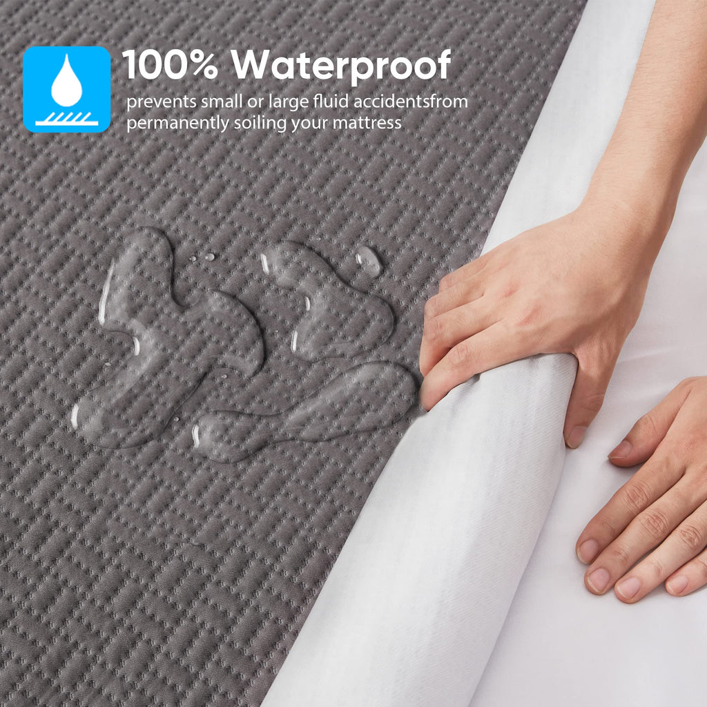 Hanherry 100% Waterproof Full Size Mattress Protector, Grey, Rayon Made From Bamboo, 3D Air Fabric, Cooling, 16 Inch Deep Pocket