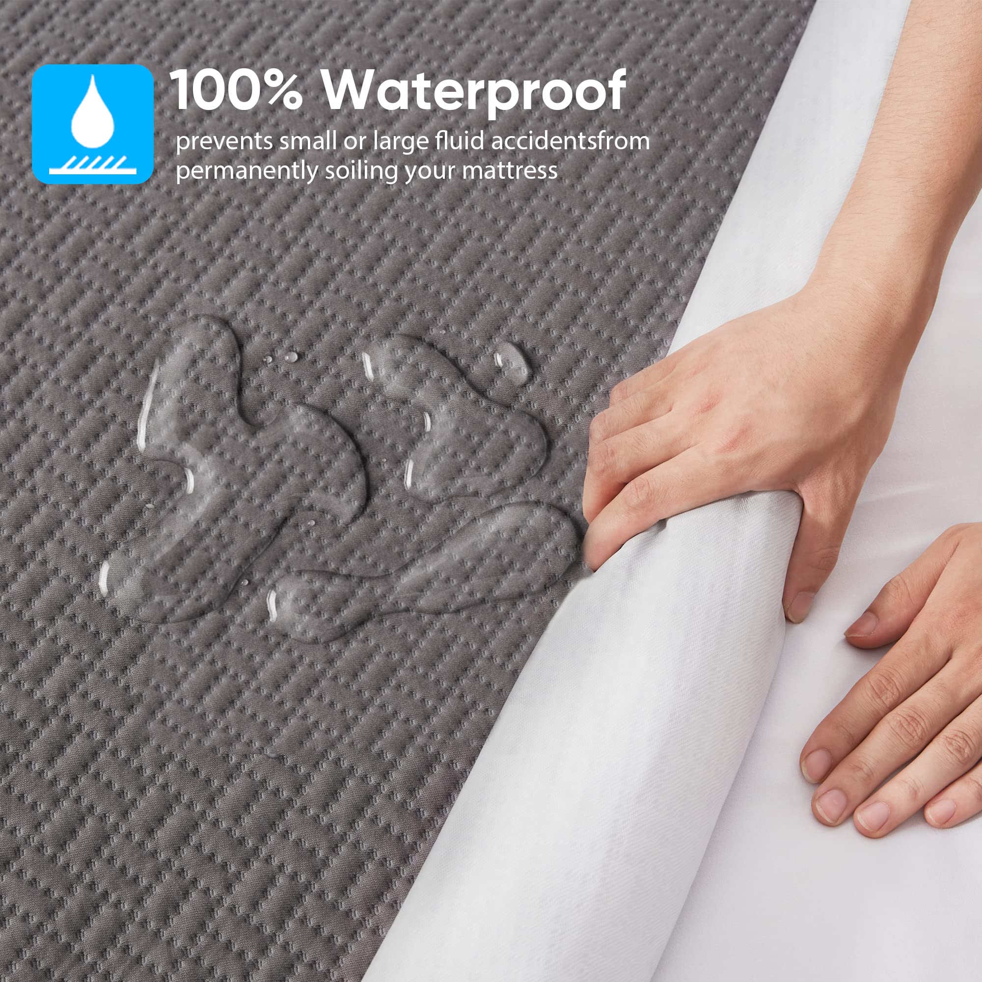 Hanherry 100% Waterproof Full Size Mattress Protector, Grey, Rayon Made From Bamboo, 3D Air Fabric, Cooling, 16 Inch Deep Pocket