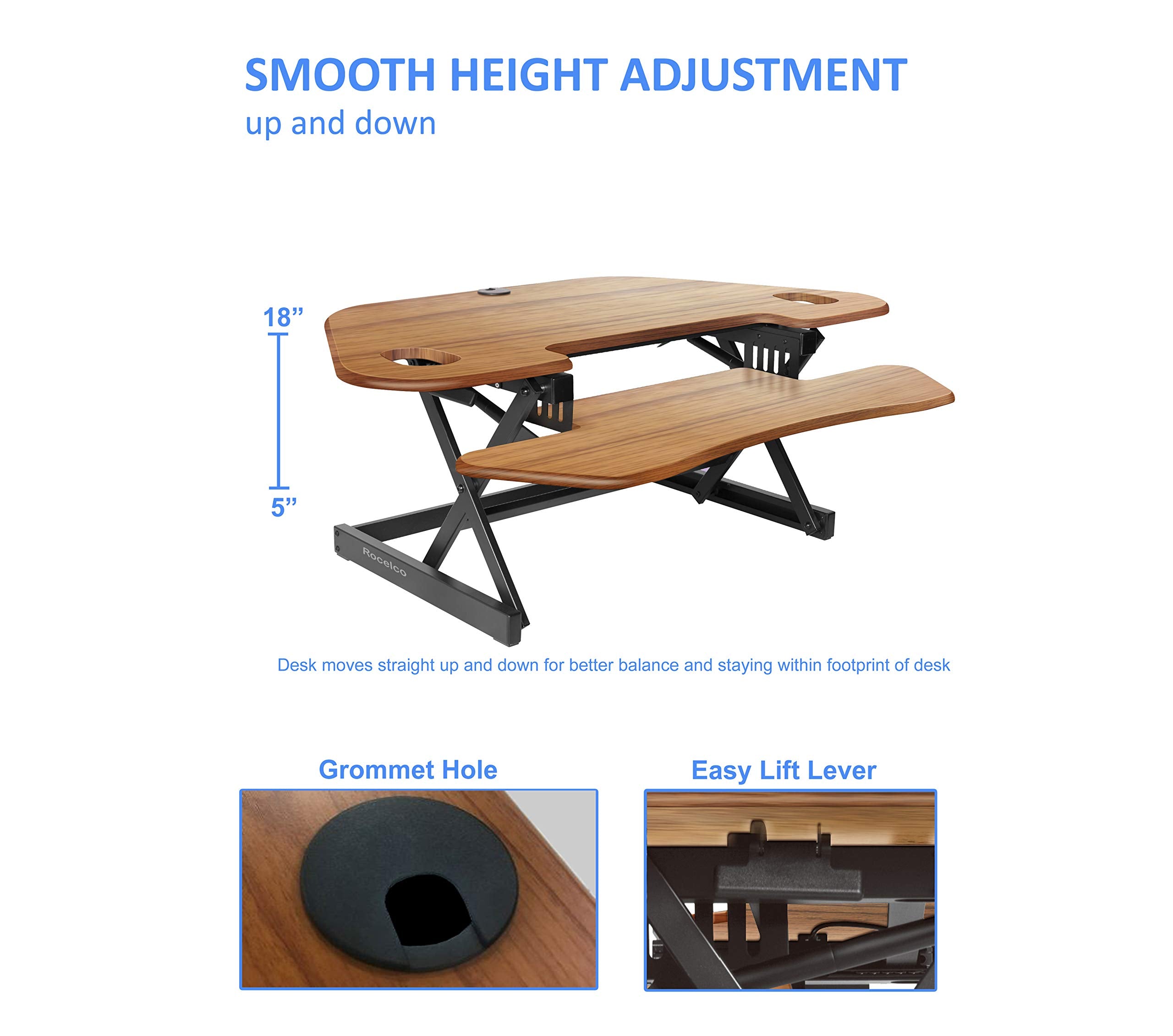 Rocelco 46" Height Adjustable Corner Standing Desk Converter with Dual Monitor Arm BUNDLE - Quick Sit Stand Up Computer Workstation Riser - Extra Large Keyboard Tray - Teak Wood Grain (R CADRT-46-DM2)
