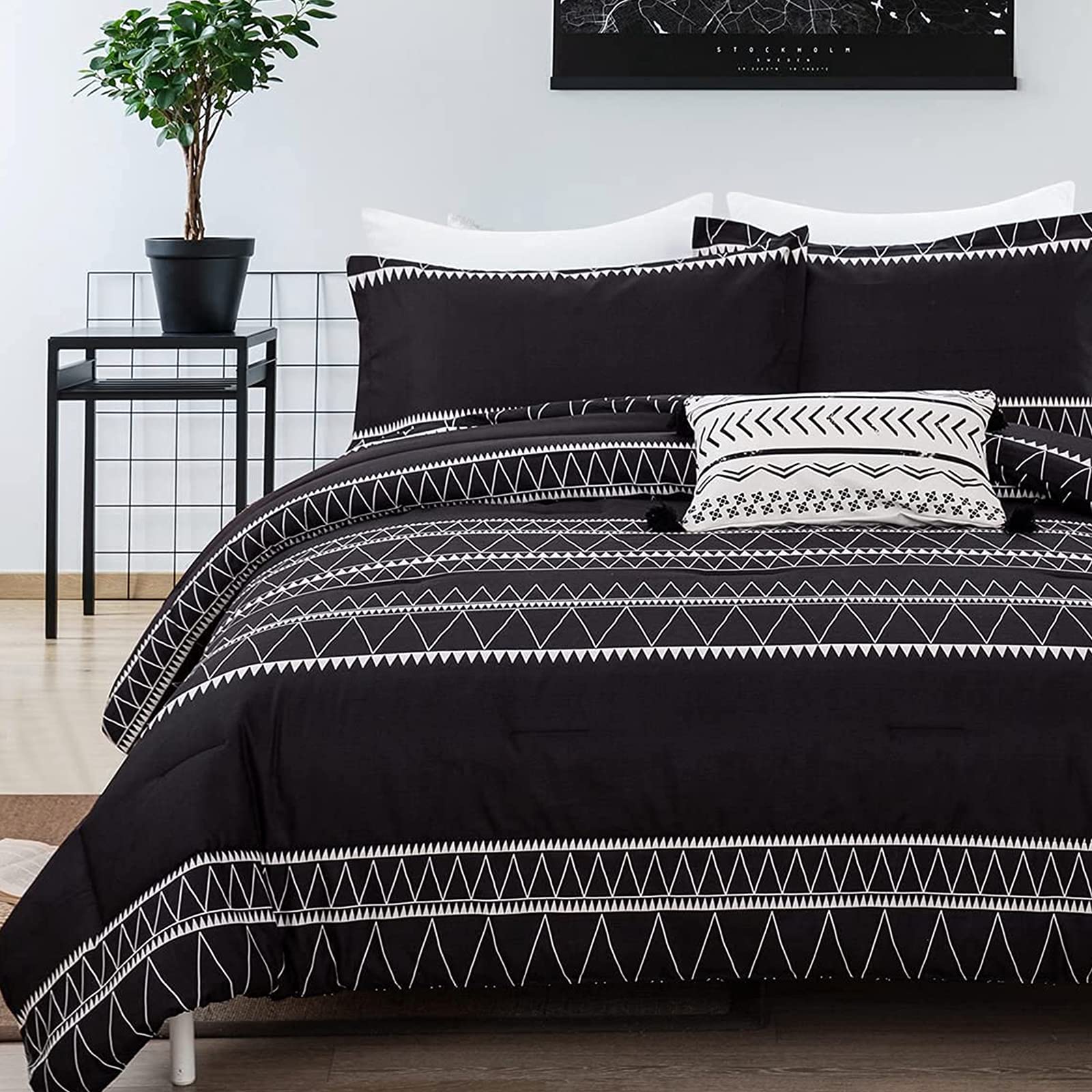 WONGS BEDDING Black Comforter Set Queen Reversible Boho Triangle Striped Down Alternative Comforter Set for Queen Bed - 3 Pieces