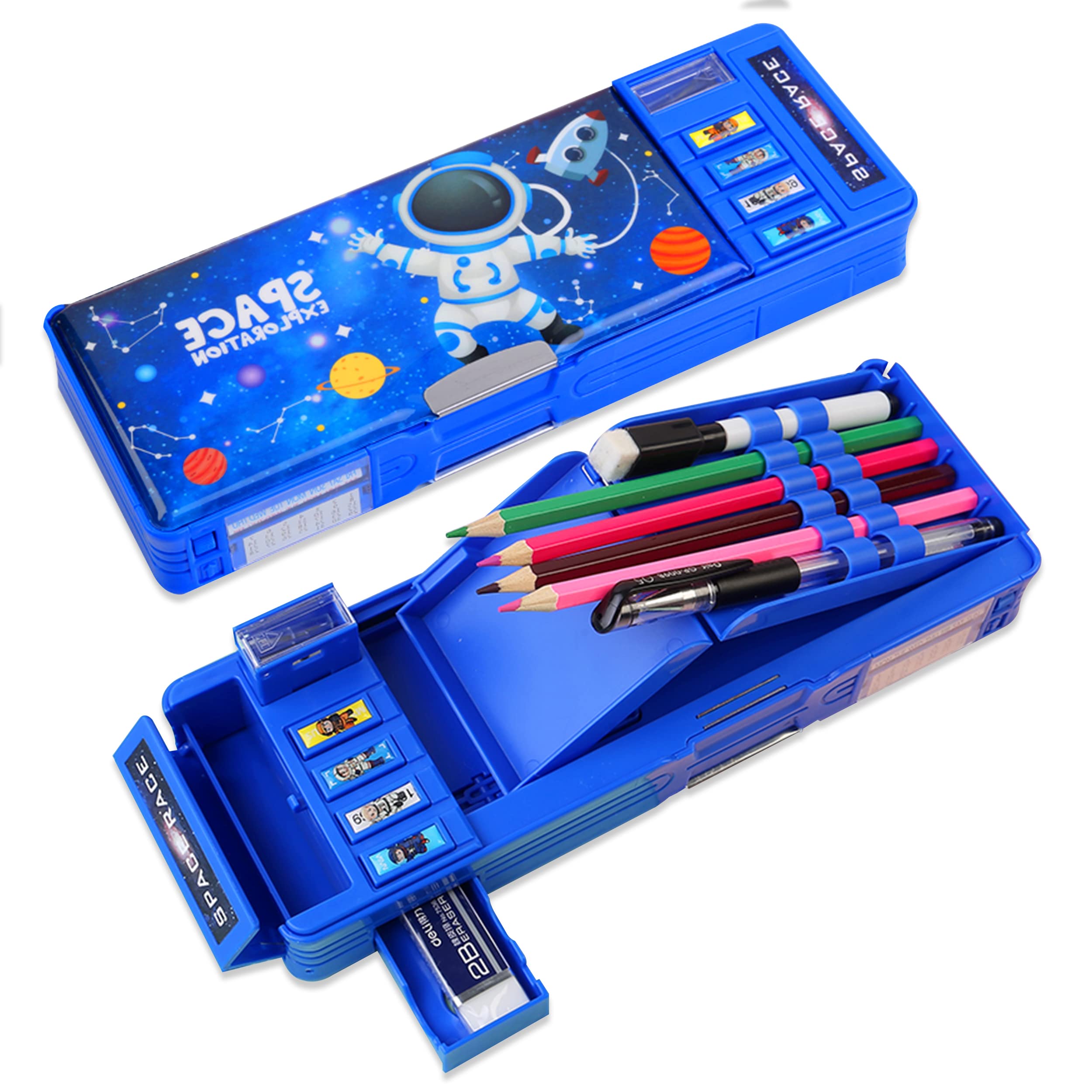 Pop Up Multifunction Pencil Case For Boys(No Lock), Cute Cartoon Pen Box Organizer Stationery With Sharpener, Schedule, Whiteboa