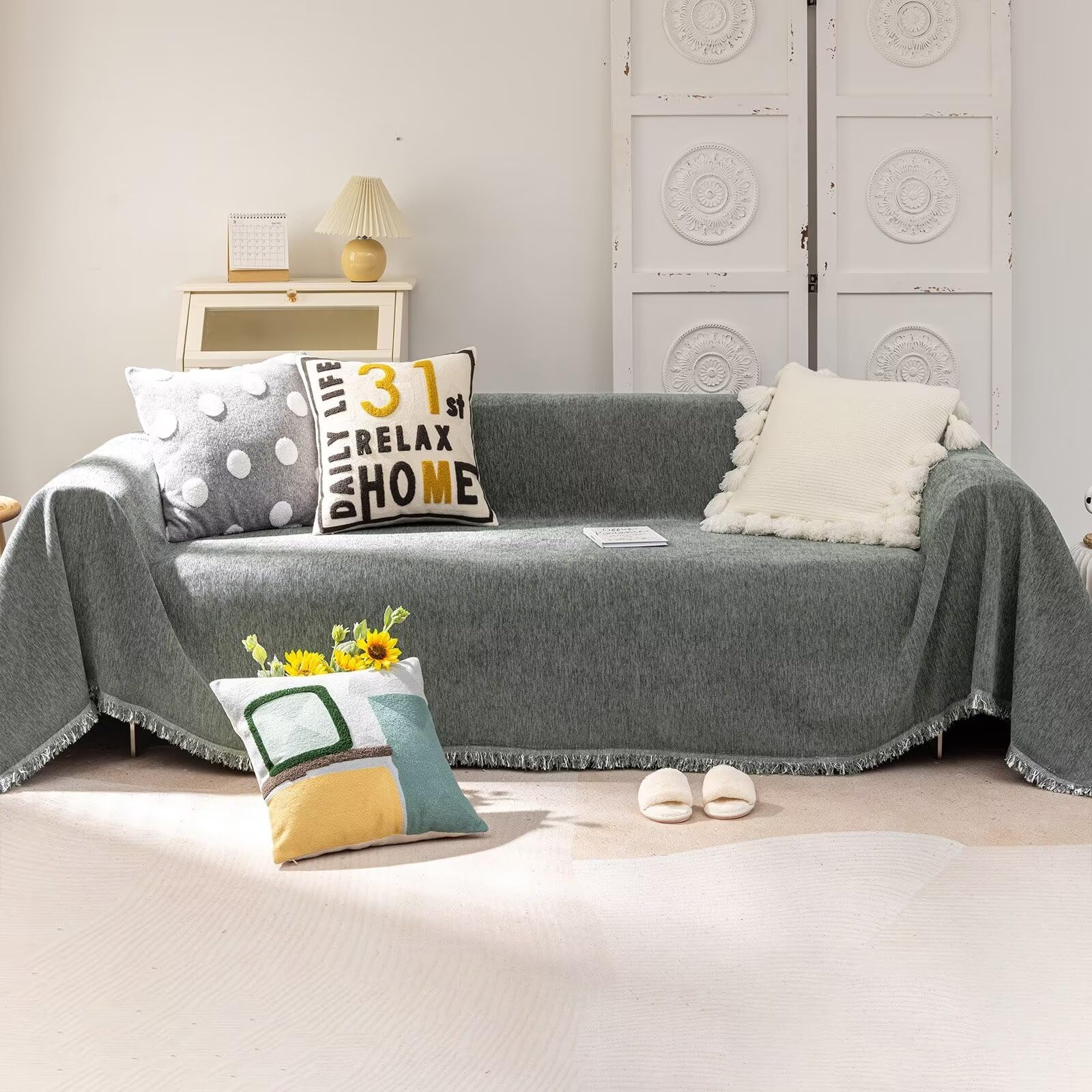 Vclife Couch Cover Soft Chenille Dark Gray Sofa Slipcover For Dog Minimalism 1 Pc Solid Color Grey Sectional Couch Cover For 3-4