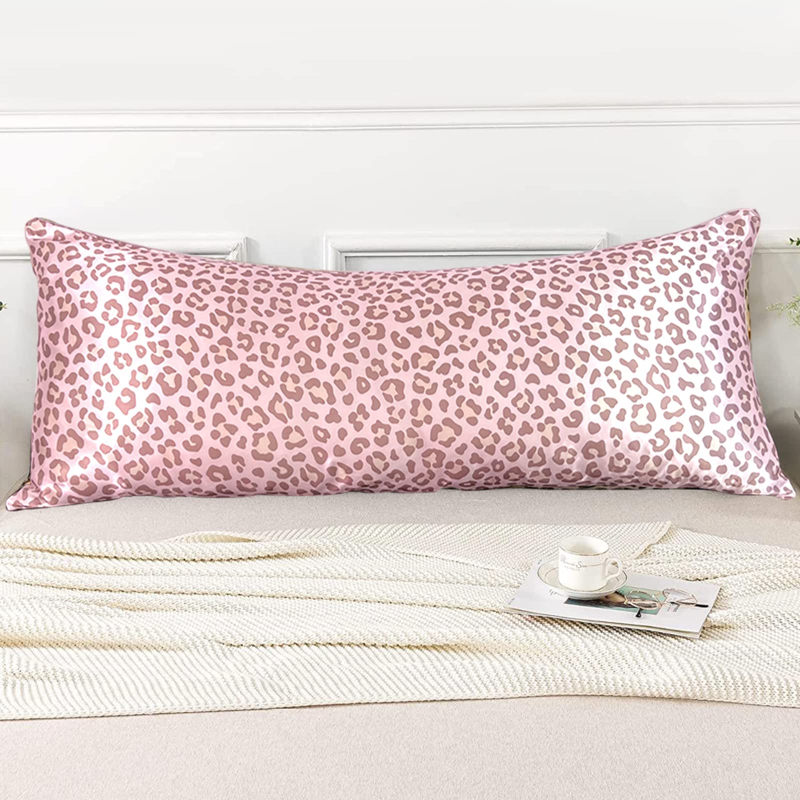 Lcbd Satin Body Pillow Case For Hair And Skin, Pink Leopard Printed Silk Satin Body Pillow Case Cover, 20X54 Body Cooling Pillow