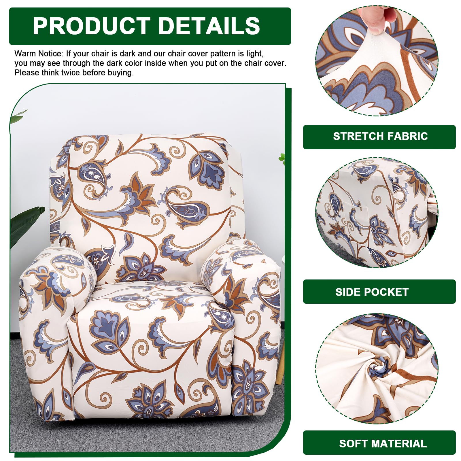 CRFATOP Recliner Slipcover Fallon Collection 4-Piece Printed Spandex Color A12