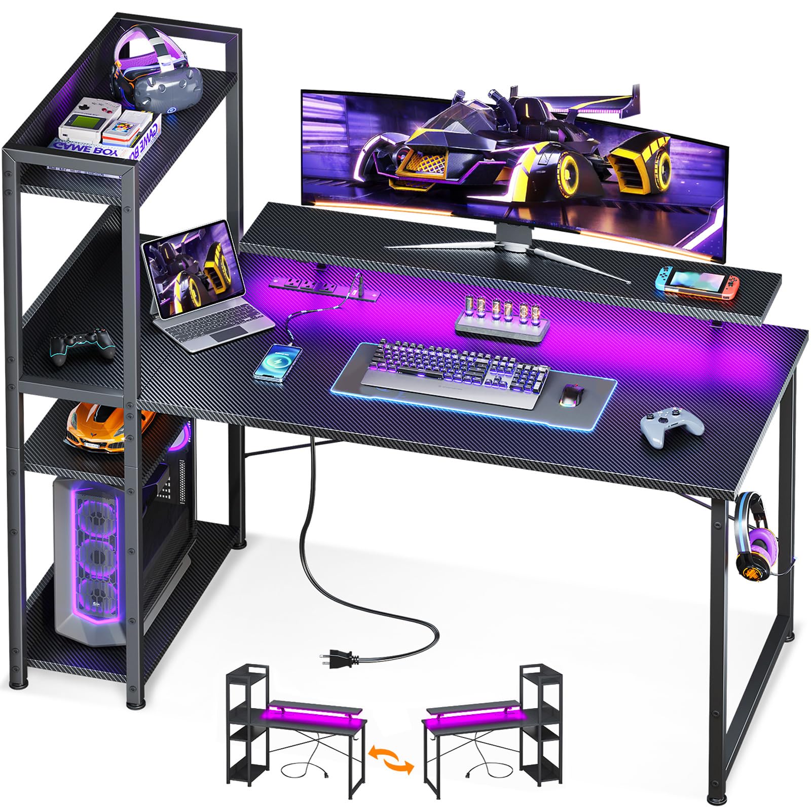 Odk Reversible Gaming Desk With Power Outlets And Led Lights, 48 Inch Computer Desk With Storage Shelves And Monitor Stand, Modern Writing Study Desk For Home Office, Carbon Fiber Black