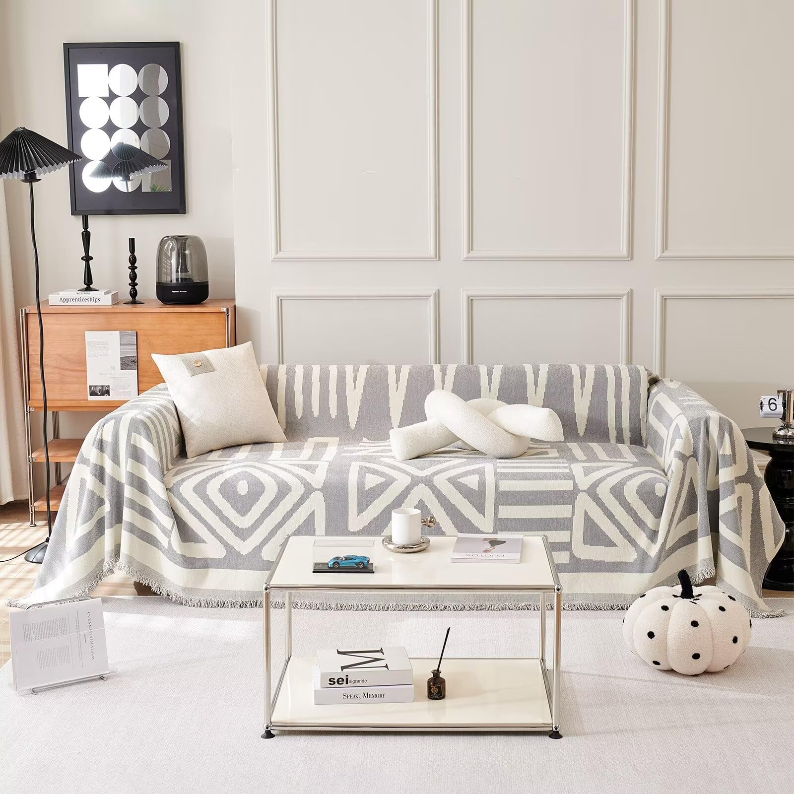 Vclife Boho Geometric Couch Cover Thick Warm Chenille Sofa Slipcover For 3 Cushion Couch Sofa, White Cream Gray Plaid Triangle J