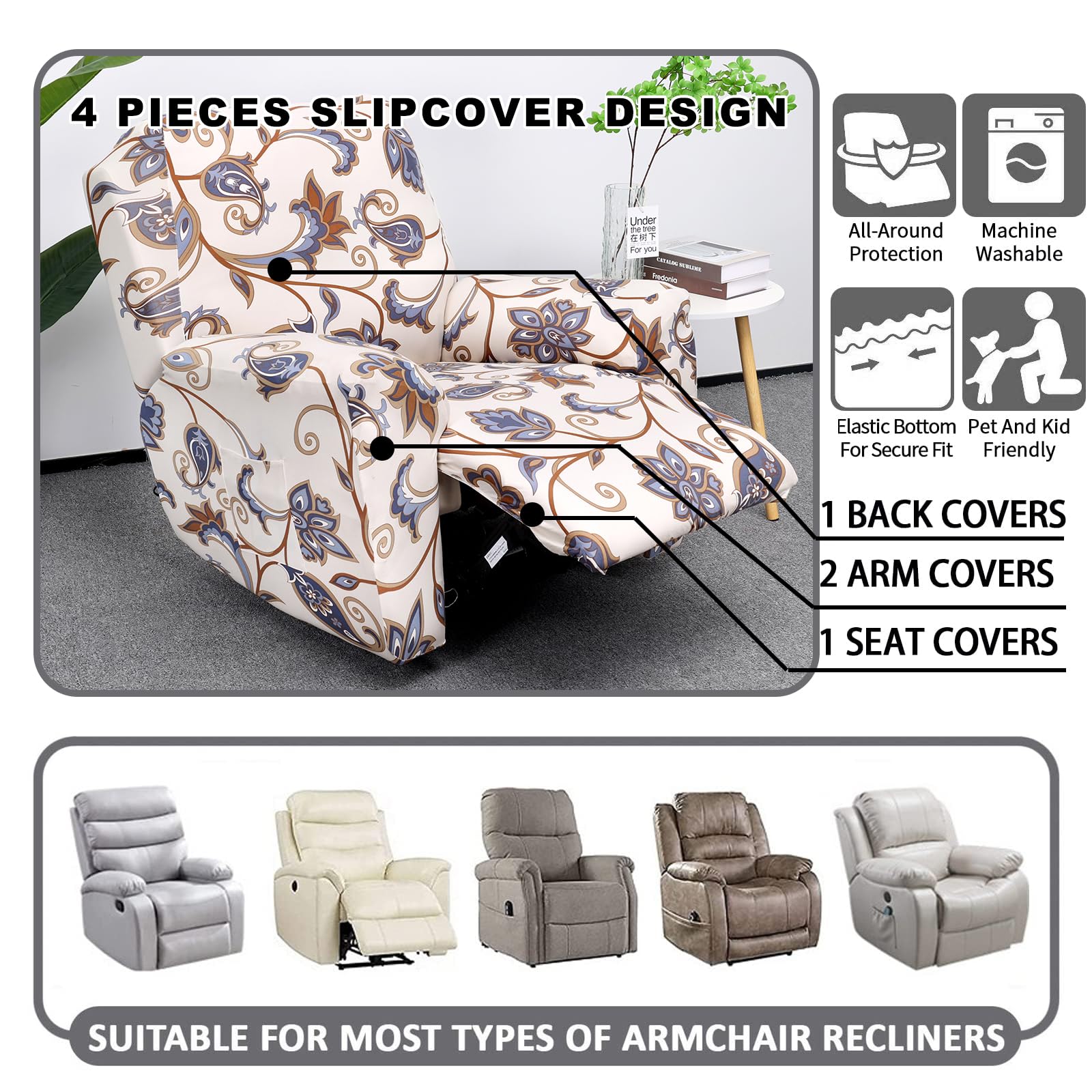 CRFATOP Recliner Slipcover Fallon Collection 4-Piece Printed Spandex Color A12