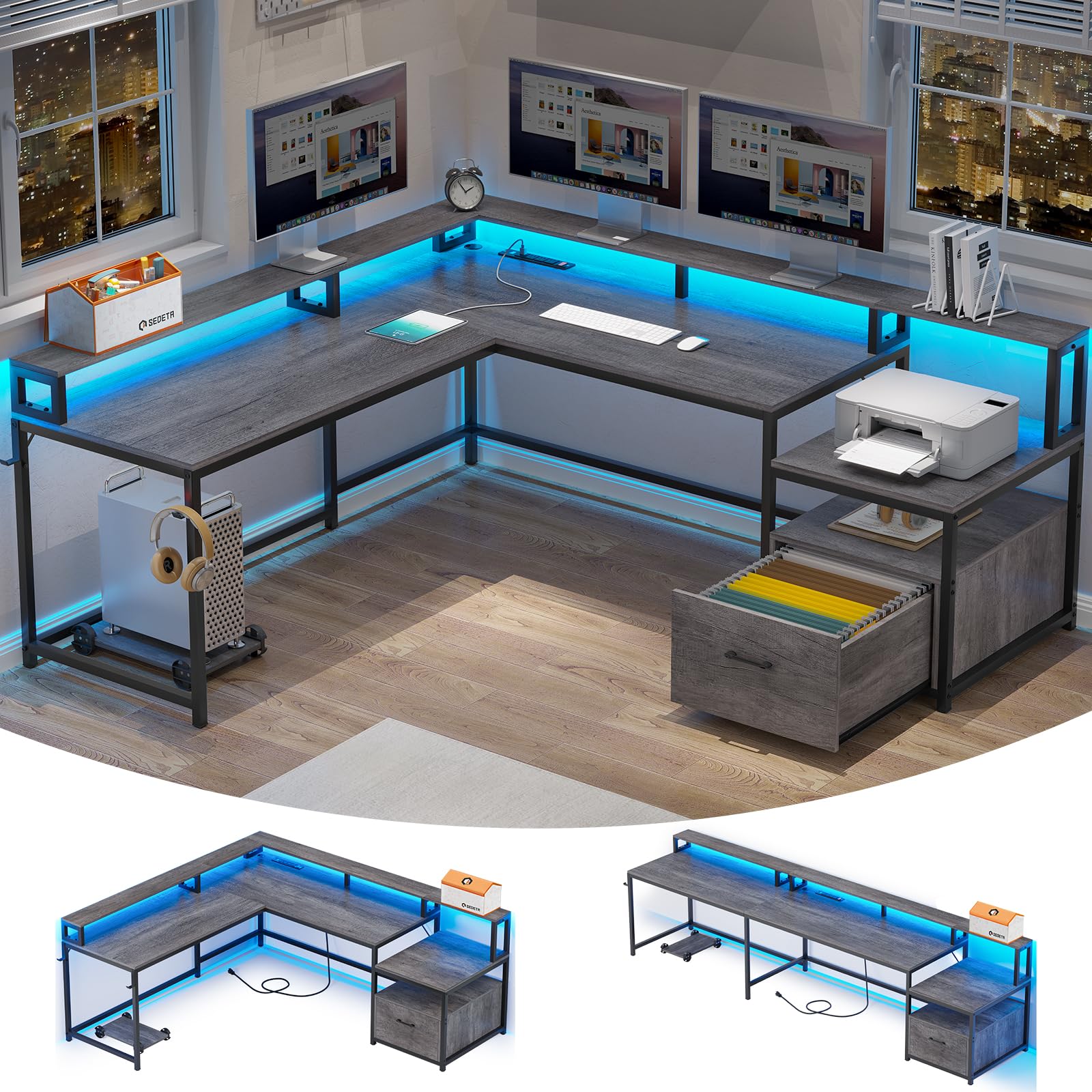 Sedeta L Shaped Office Desk, 66' Home Office Desk With File Drawer & Power Outlet, Gaming Desk With Led Lights, Corner Computer Desk With Monitor Shelf, Printer Storage Shelves, Two Person Desk, Grey