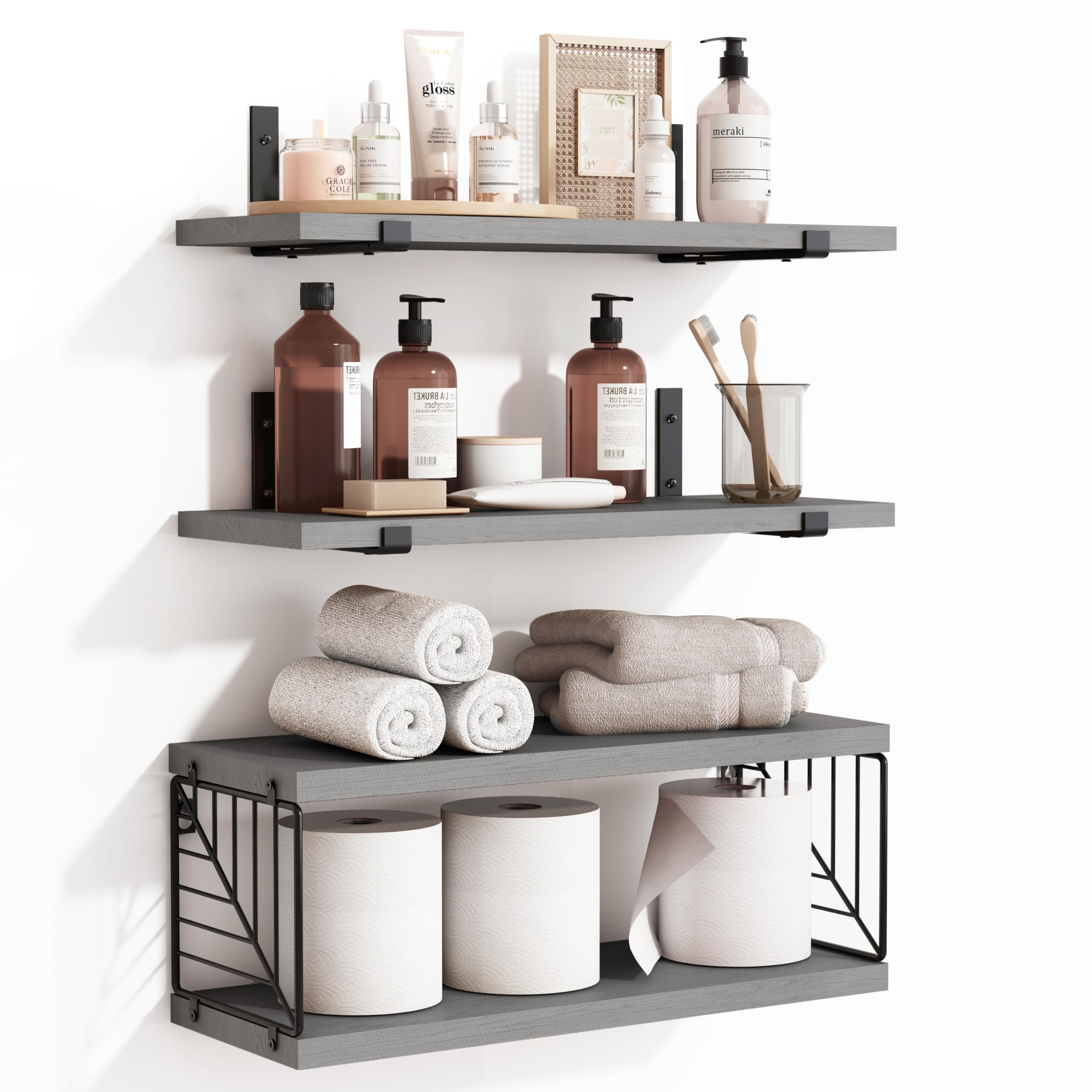 Fixwal 3+1 Tier Bathroom Floating Shelves Over Toilet, 15.8In Farmhouse Rustic Wood Shelves, Wall Decor For Bathroom, Living Room,Bedroom And Kitchen (Gray)