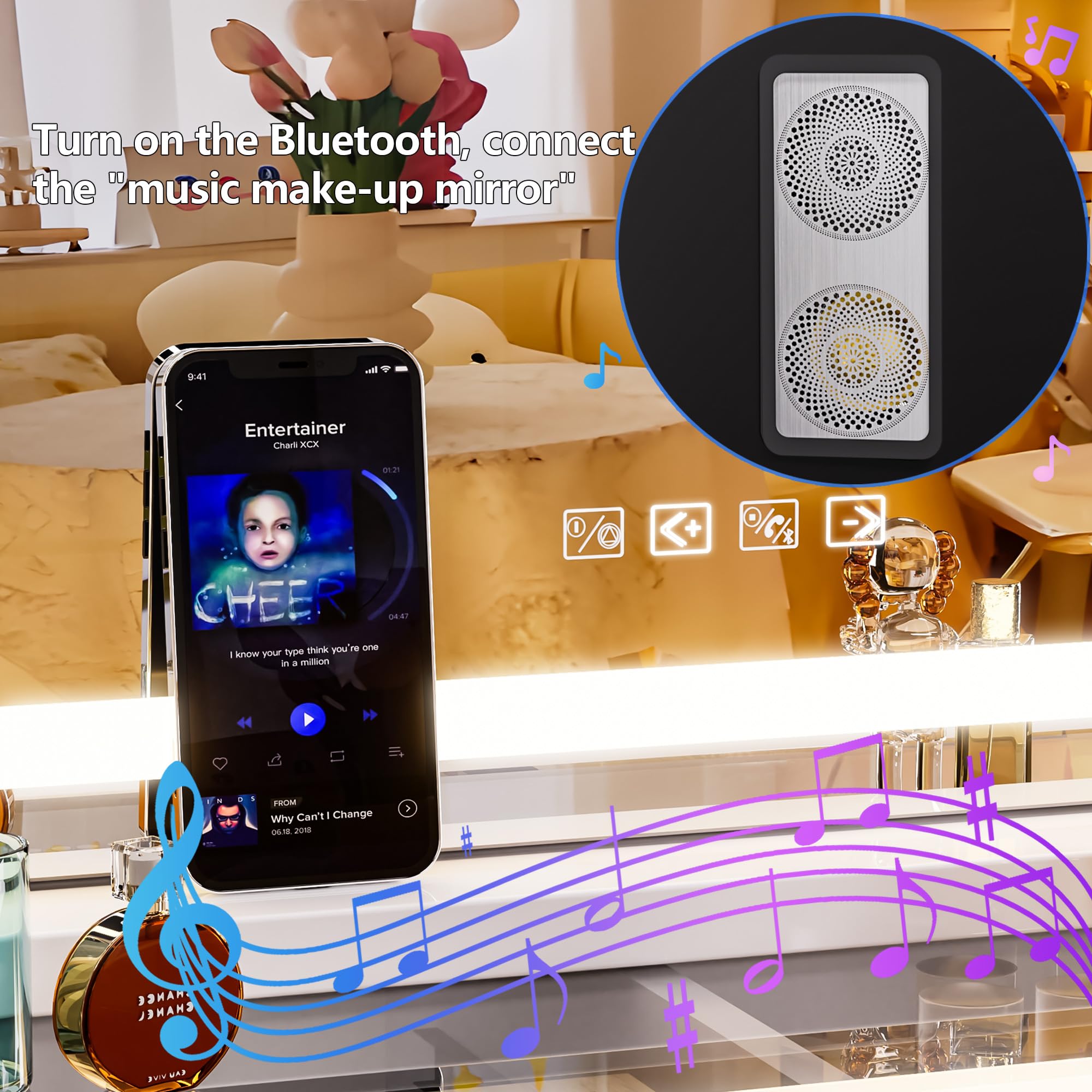 Hasipu Vanity Mirror With Lights And Bluetooth Speaker, 20' X 25' Led Makeup Mirror, Light Up Mirror With 10X Magnification An