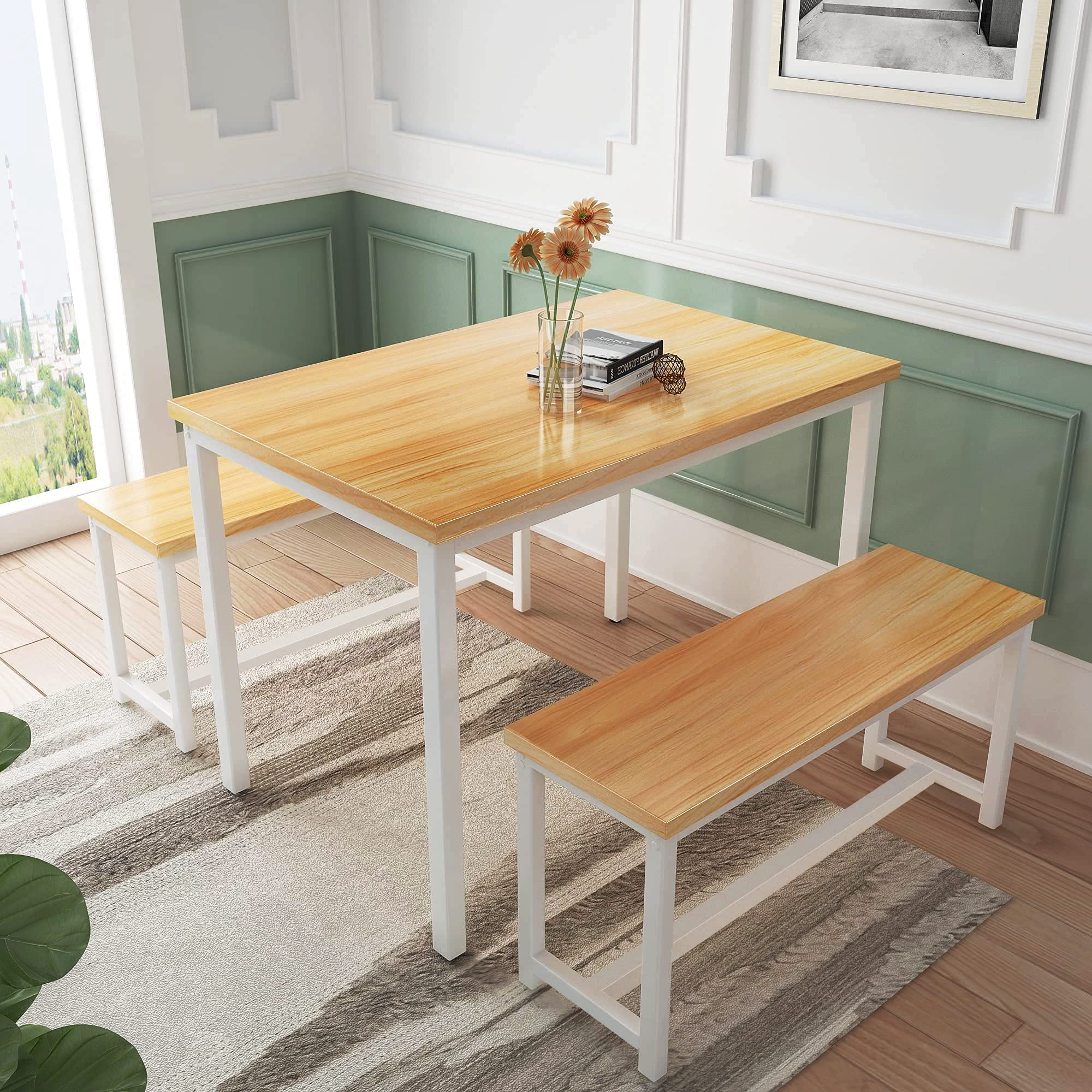 Awqm Dining Room Table Set, Kitchen Table Set With 2 Benches, Ideal For Home, Kitchen And Dining Room, Breakfast Table Of 47.2X28.7X28.7 Inches, Benches Of 41.3X11.8X17.7 Inches, Beige