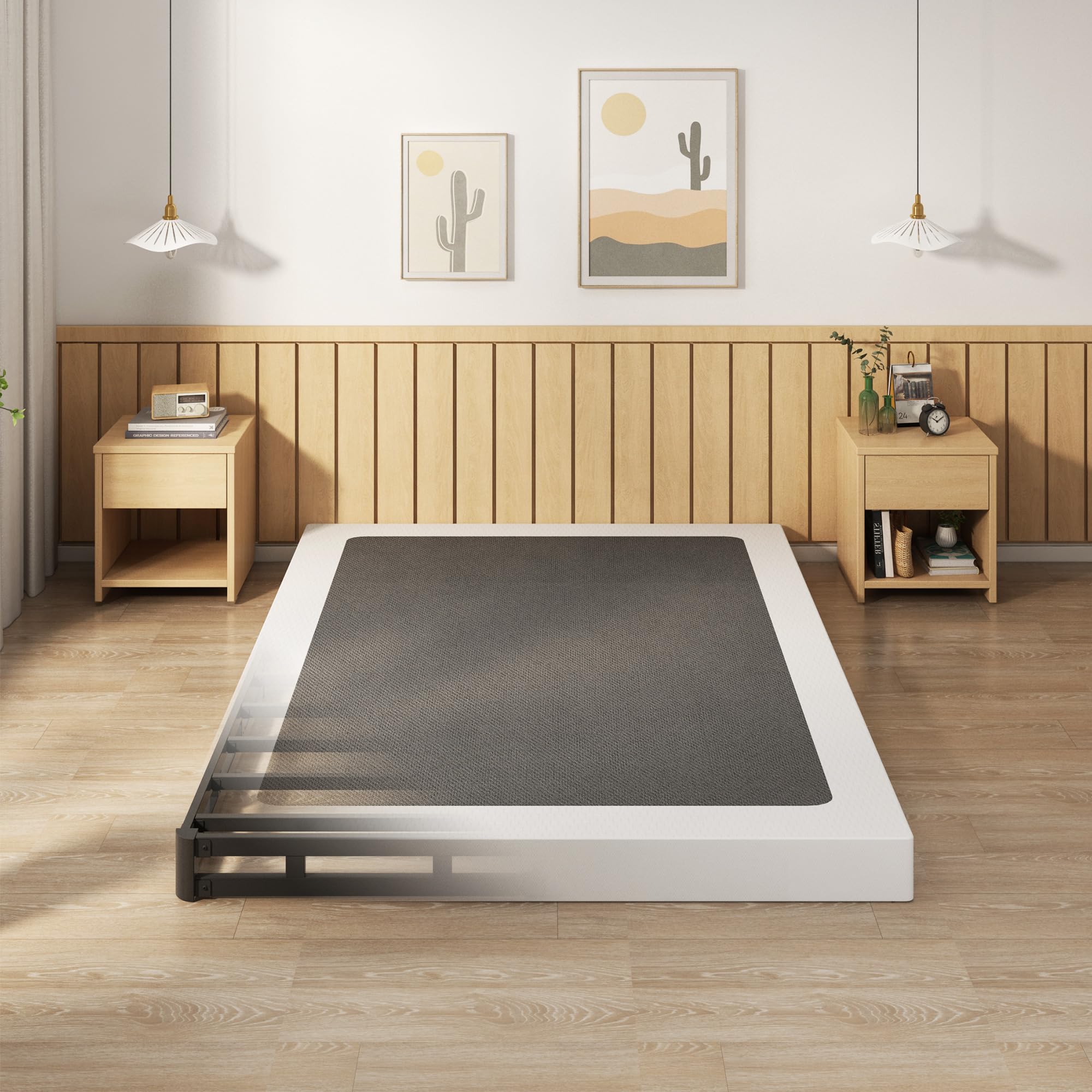 Emoda 5 Inch Box Spring Queen Size Bed Base, 3000 Lbs Heavy Duty Metal Mattress Foundation With Fabric Cover, Easy Assembly
