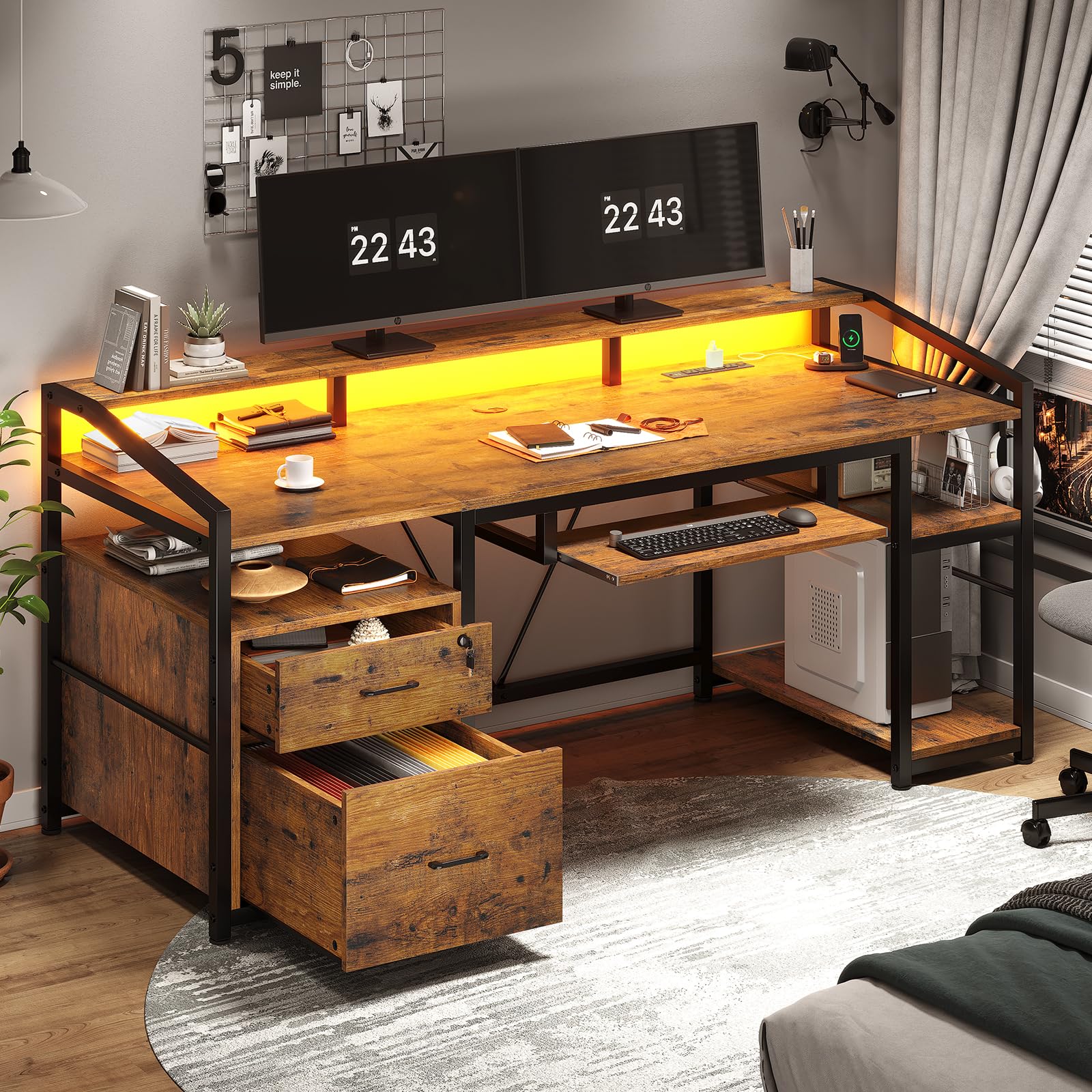 Sedeta 63' Computer Desk, Office Desk With Lock Drawers For Legal/Letter File, Gaming Desk With Led Light & Power Outlet, Home Office Desks For Printer, Rustic Brown