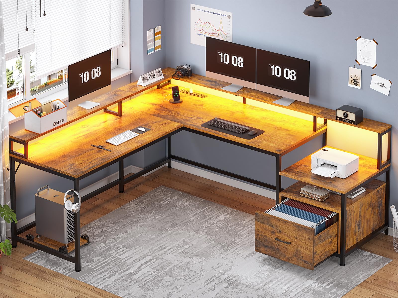 Sedeta L Shaped Desk, 66' Home Office Desk With File Drawer & Power Outlet, Gaming Desk With Led Lights, Corner Computer Desk With Monitor Shelf, Printer Storage Shelves, Two Person Desk, Rustic Brown