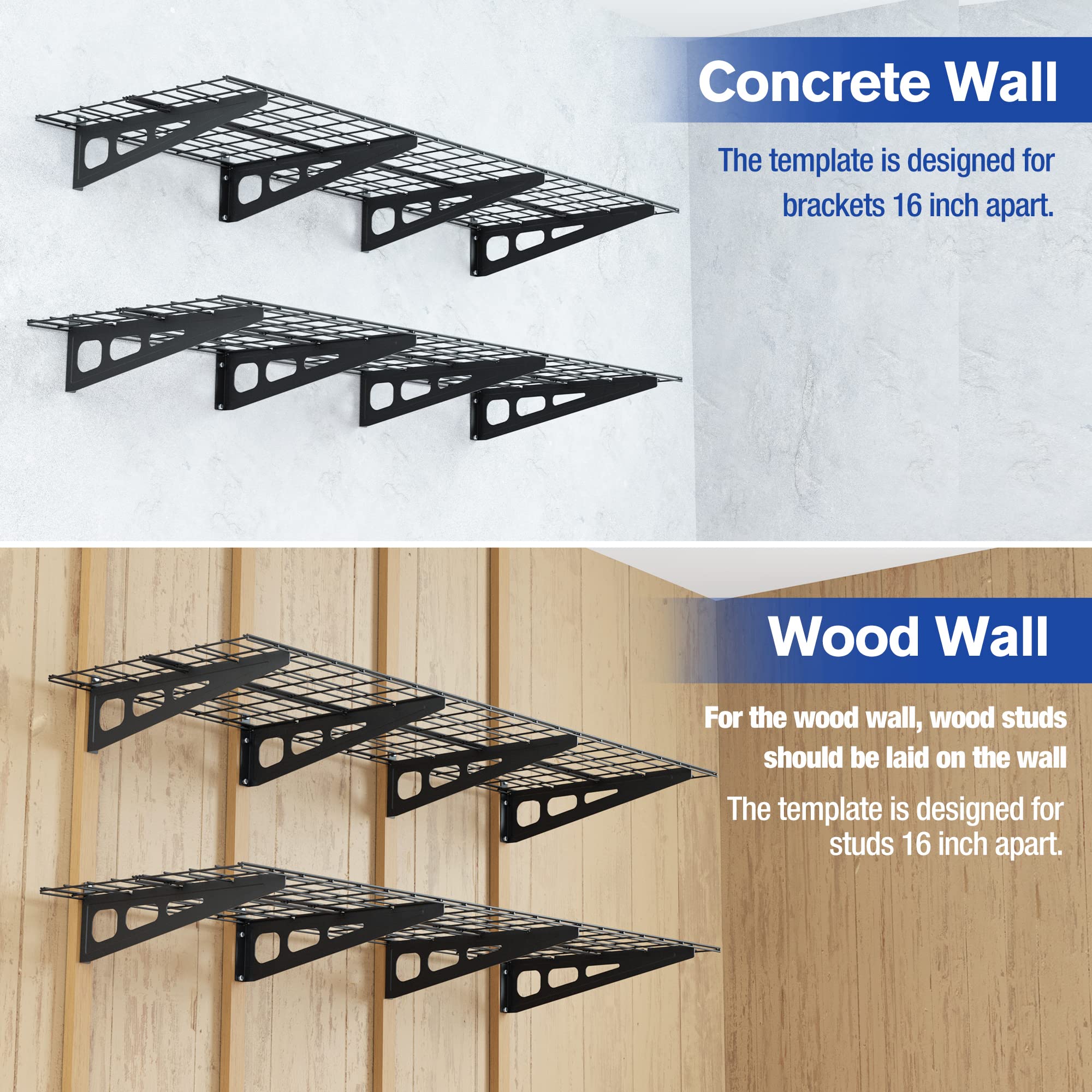 Workpro 2-Pack 2X6Ft Garage Wall Shelving, 72” X 24” Heavy Duty Wall Mounted Shelving, 800Lbs Load Capacity (Total), Metal Wall Shelves Suitable For Shop, Shed, Garage Storage, Black, 1 Sets