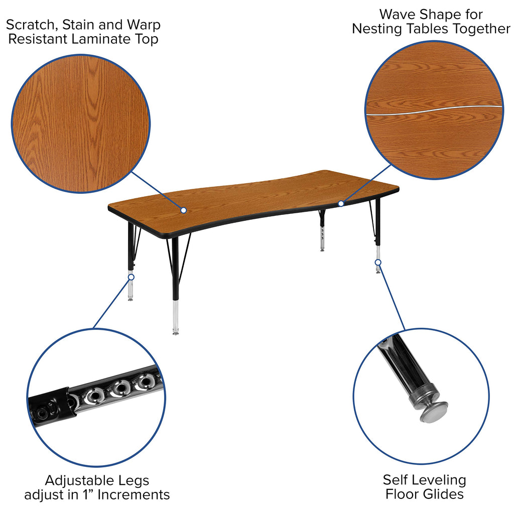 Flash Furniture Emmy 86" Oval Wave Flexible Laminate Activity Table Set with 14" Student Stack Chairs, Oak/Black