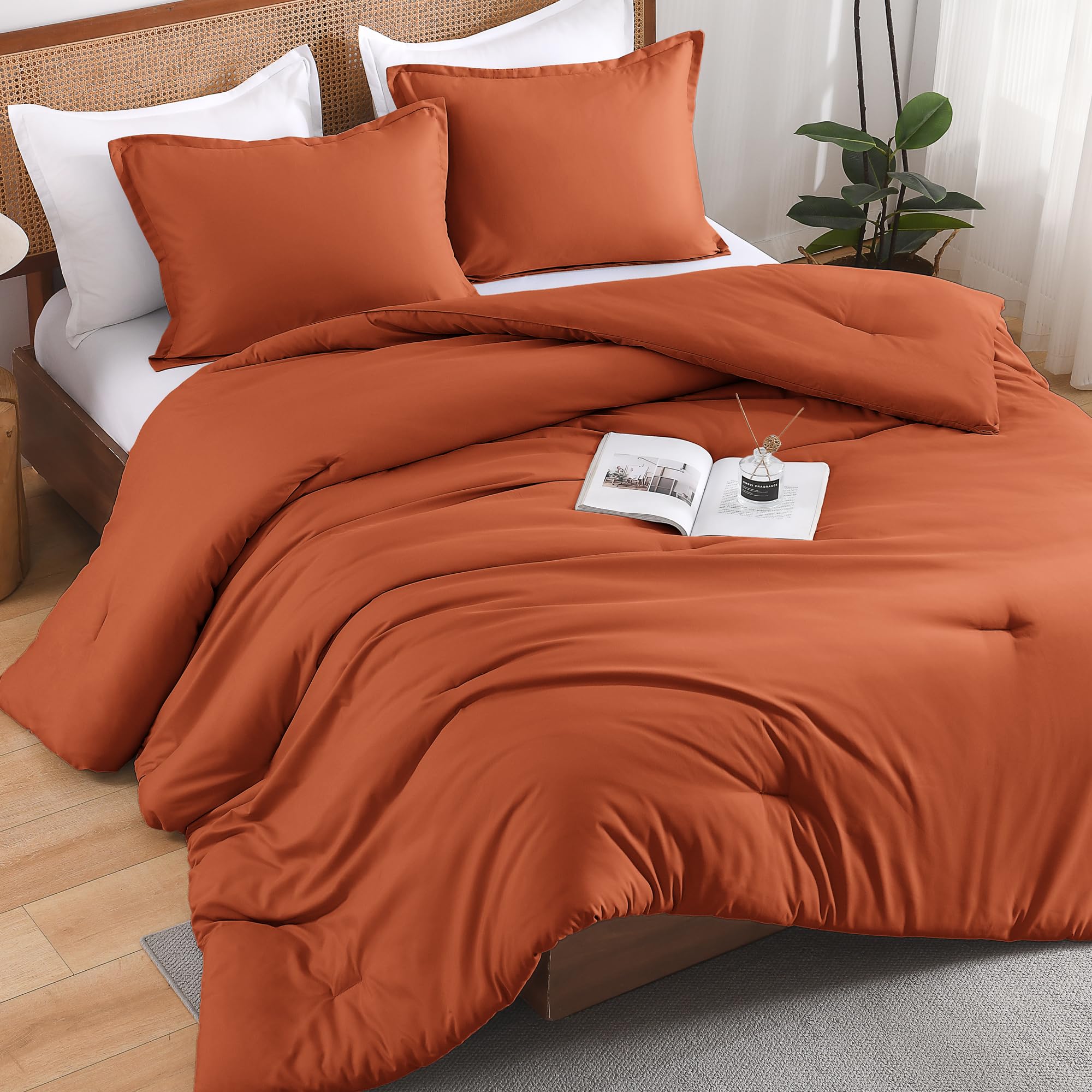 Andency Queen Comforter Set Burnt Orange, 3 Pieces Terracotta Solid Fluffy Lightweight Bedding Sets, Boho Soft Microfiber All Season Bed Set (90X90 Comforter With 2 Pillowcases)