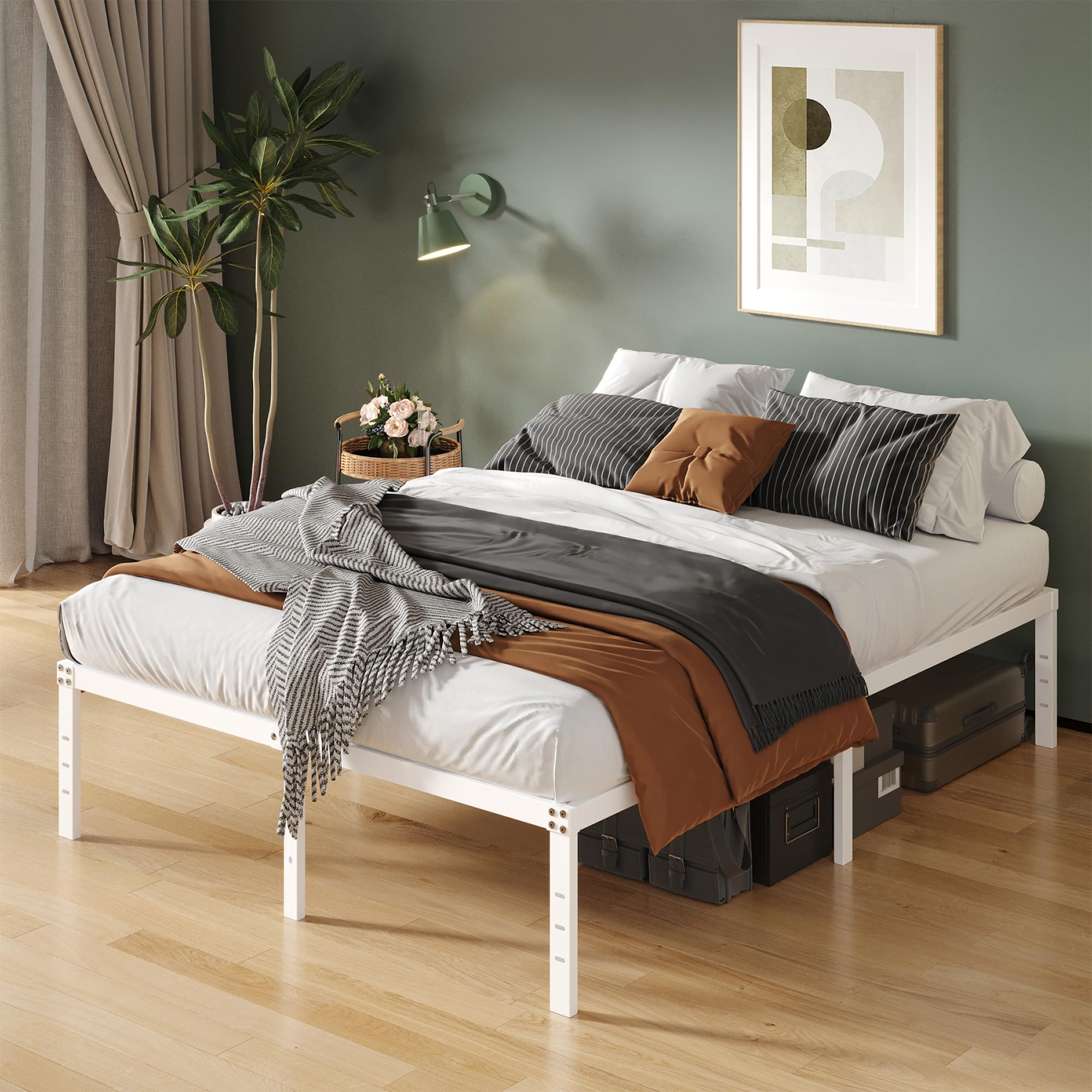 Upcanso 16 Inch White Queen Bed Frame No Box Spring Required, Metal Platform Queen Size Bed Frames With High Storage, Eassy Assembly 3,500 Lbs Heavy Duty Bedframes