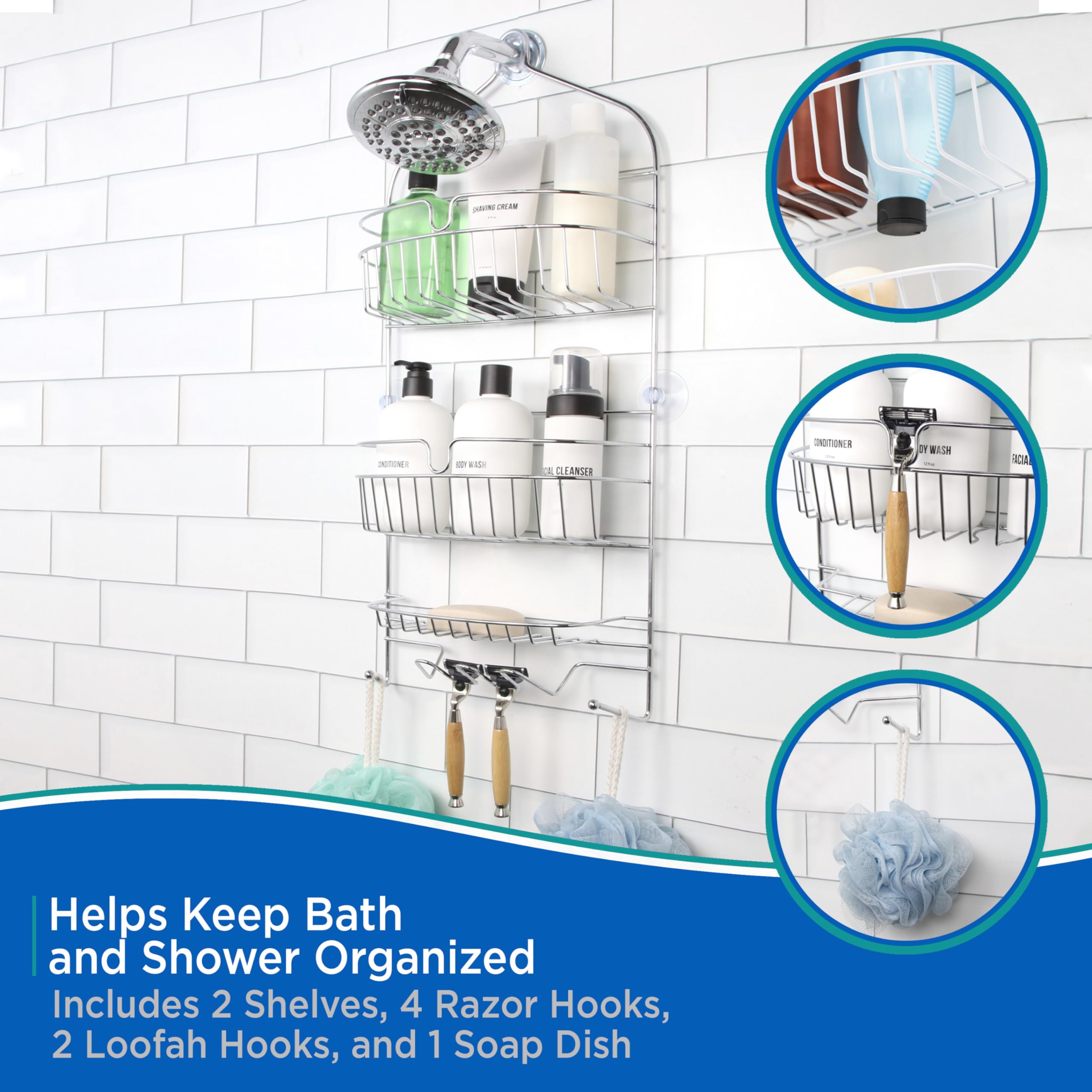 Kenney Kn614121 Over The Shower Head 17'' L X 10'' W X 4'' D Rust-Resistant Metal Wire Small 2-Shelf Hanging Caddy With Suction
