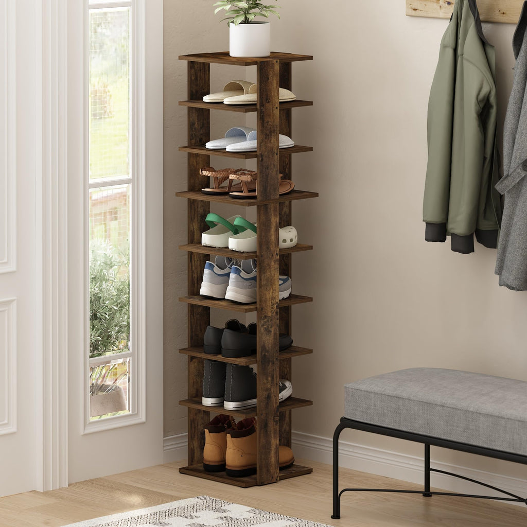 Furinno Compact 9-Tier Vertical Space Saving Free Standing Shoe Tower, Shoe Rack for Closet Entryway, Amber Pine
