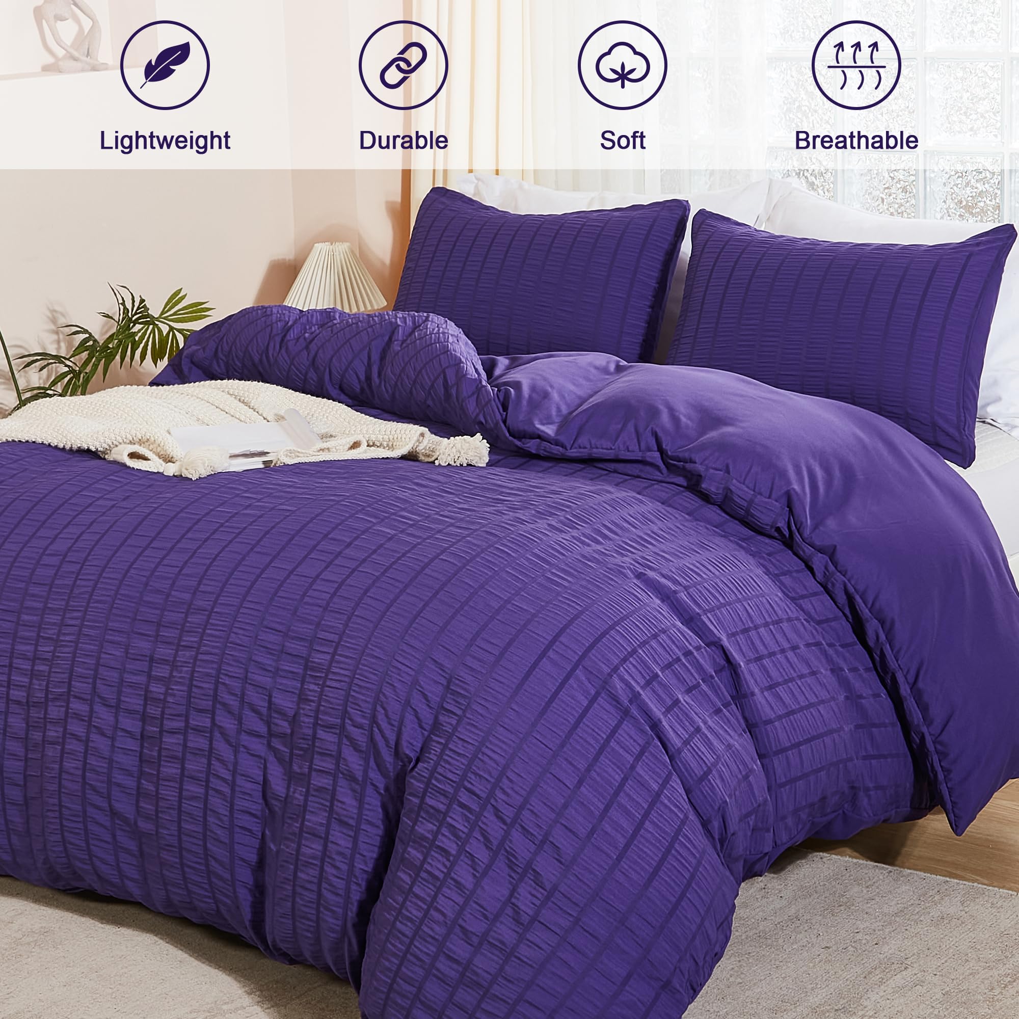 Avelom Dark Purple Duvet Cover King(104 X 90 Inches), 3 Pieces (1 Duvet Cover, 2 Pillow Cases), Seersucker Striped Soft Washed Microfiber Textured Duvet Cover Set With Zipper Closure, Corner Ties