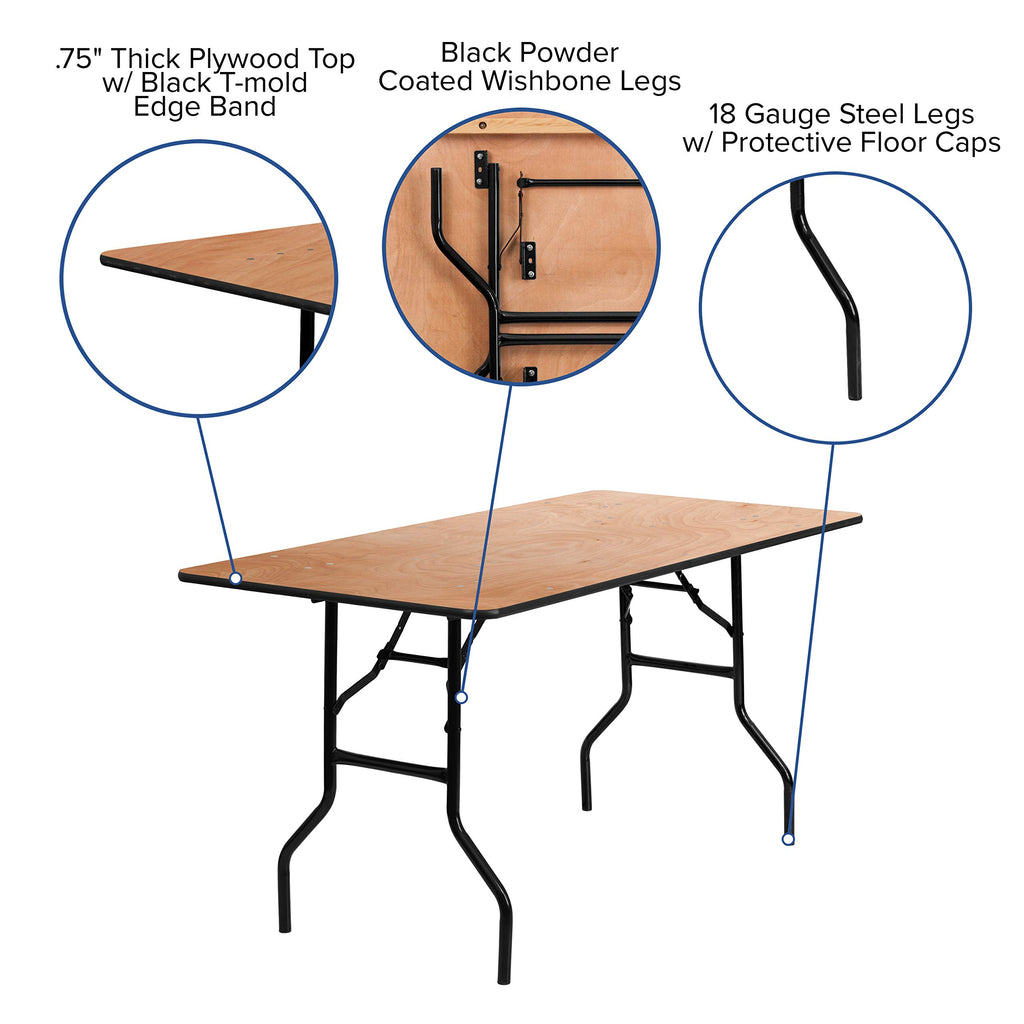 Flash Furniture Gael 5-Foot Rectangular Wood Folding Banquet Table With Clear Coated Finished Top