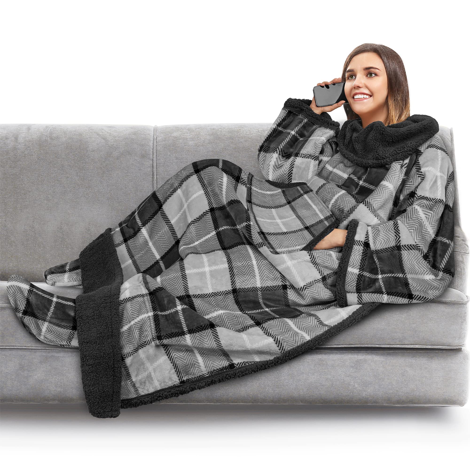 Pavilia Sherpa Fleece Blanket With Sleeves And Foot Pocket For Women Men Adult, Wearable Blanket Throw Wrap, Thick Warm Cozy Ext