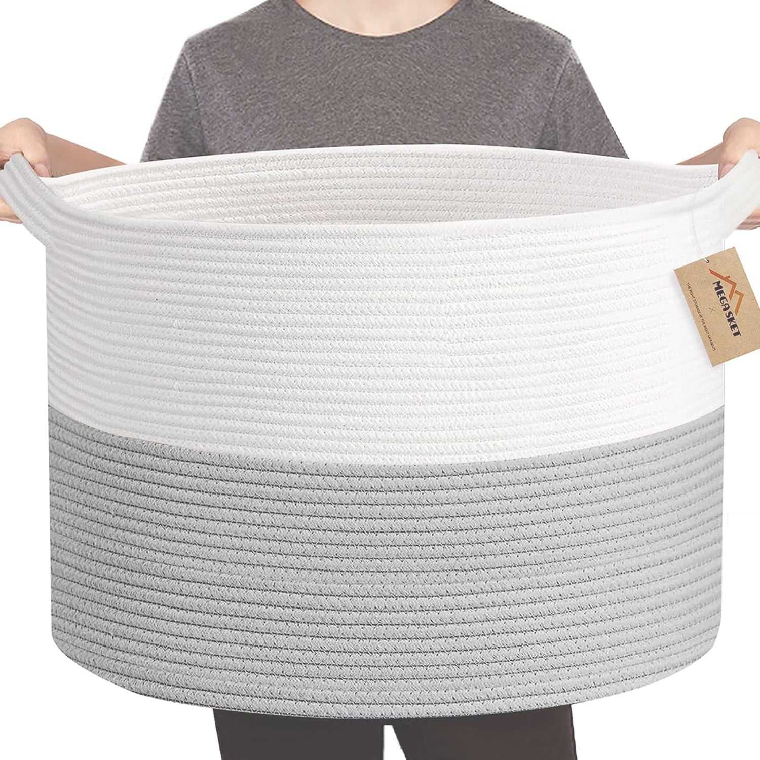 MEGASKET XXXL Large Cotton Rope Storage Bin, 22 X 14 Basket for Blankets Living Room, Woven Baby Kids Toy Storage Bin Box, Giant