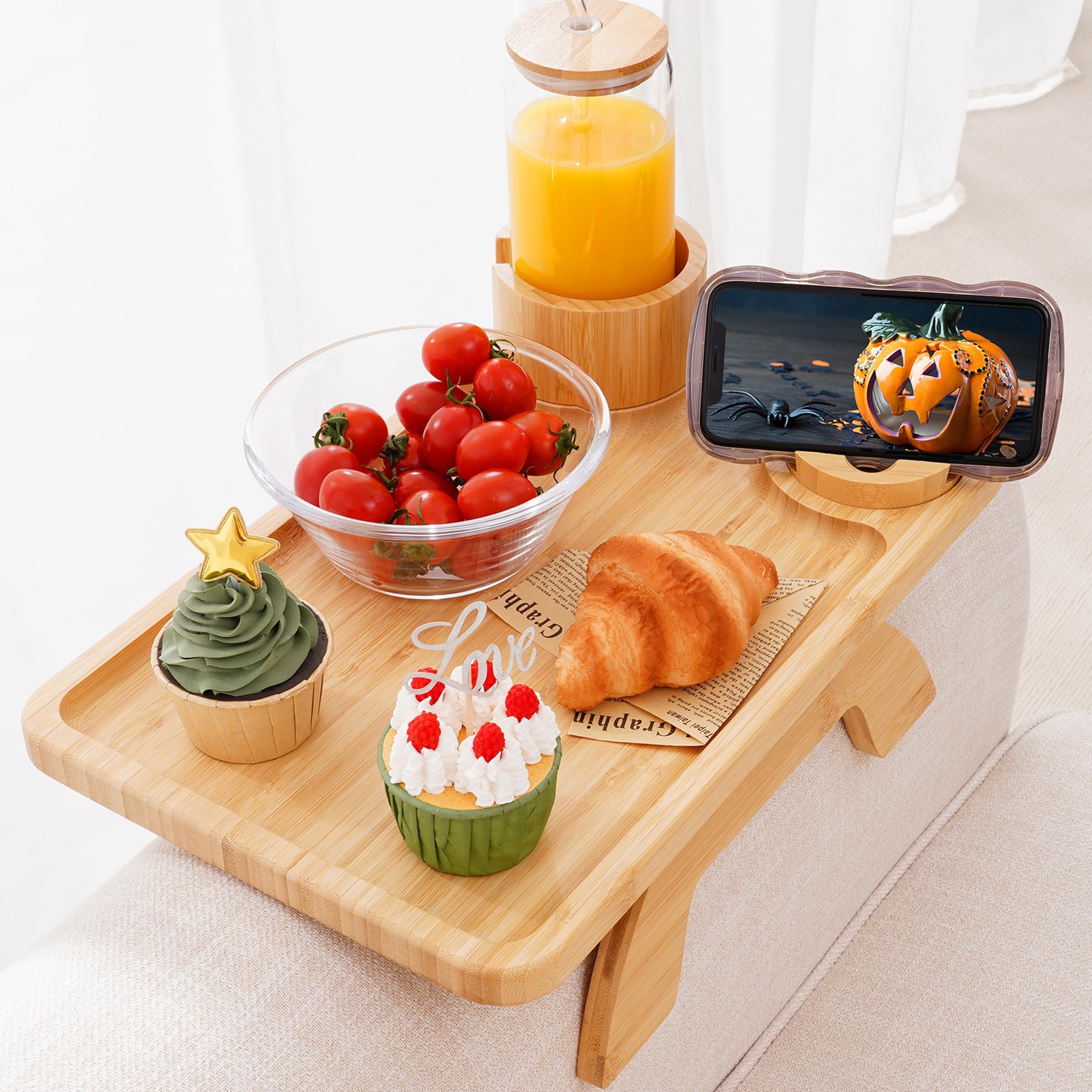 Nnewvante Couch Table on Arm,3 in 1 Large 15.36''x9.85'' Bamboo Couch Cup Holder Sofa Arm Clip on Tray with 360Rotated Phone/Dri