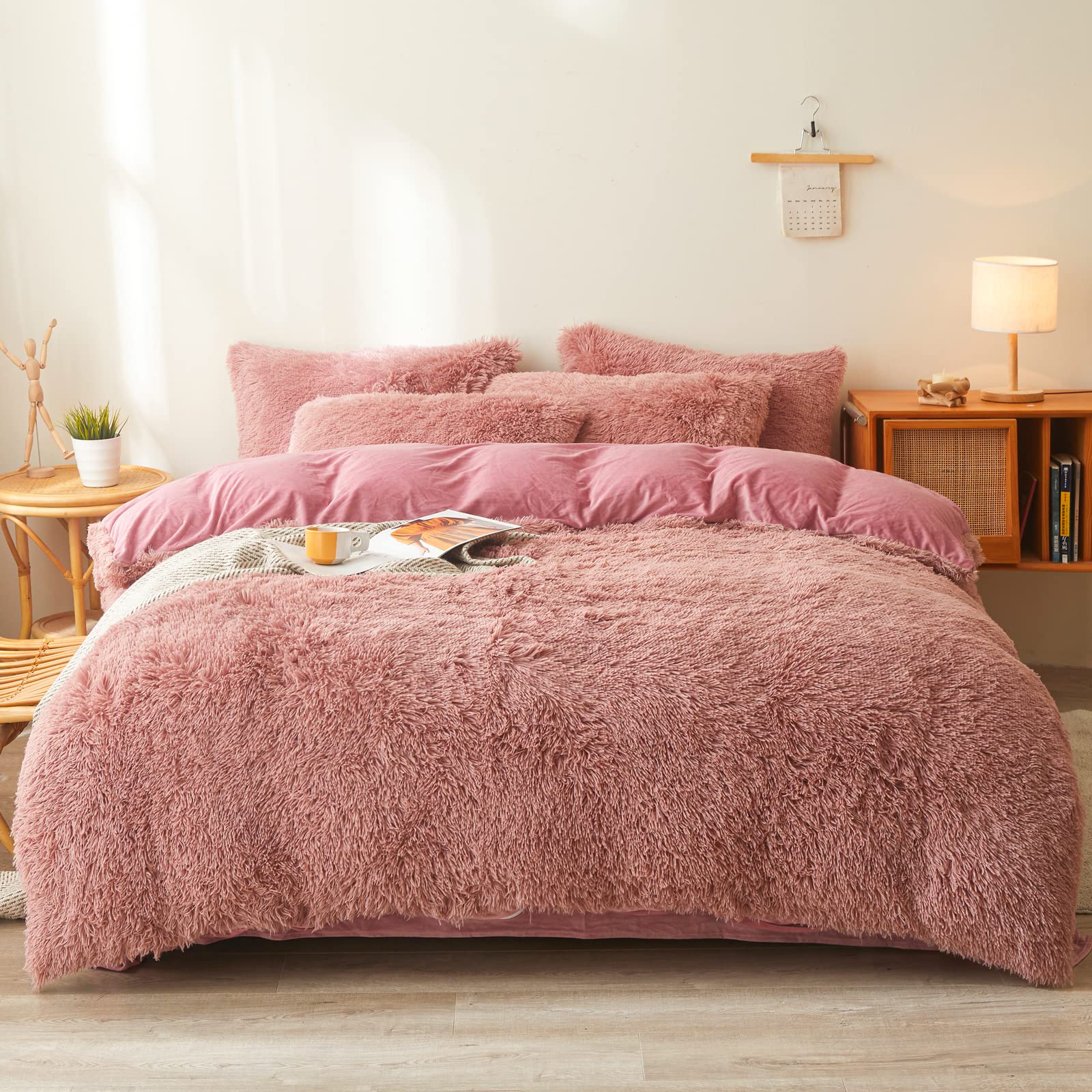 Fluffy Old Pink Comforters Cover Twin Size - Ultra Soft Plush Old Pink Bedding Sets 2 Pieces (1 Faux Fur Comforter Cover + 1 Fuz
