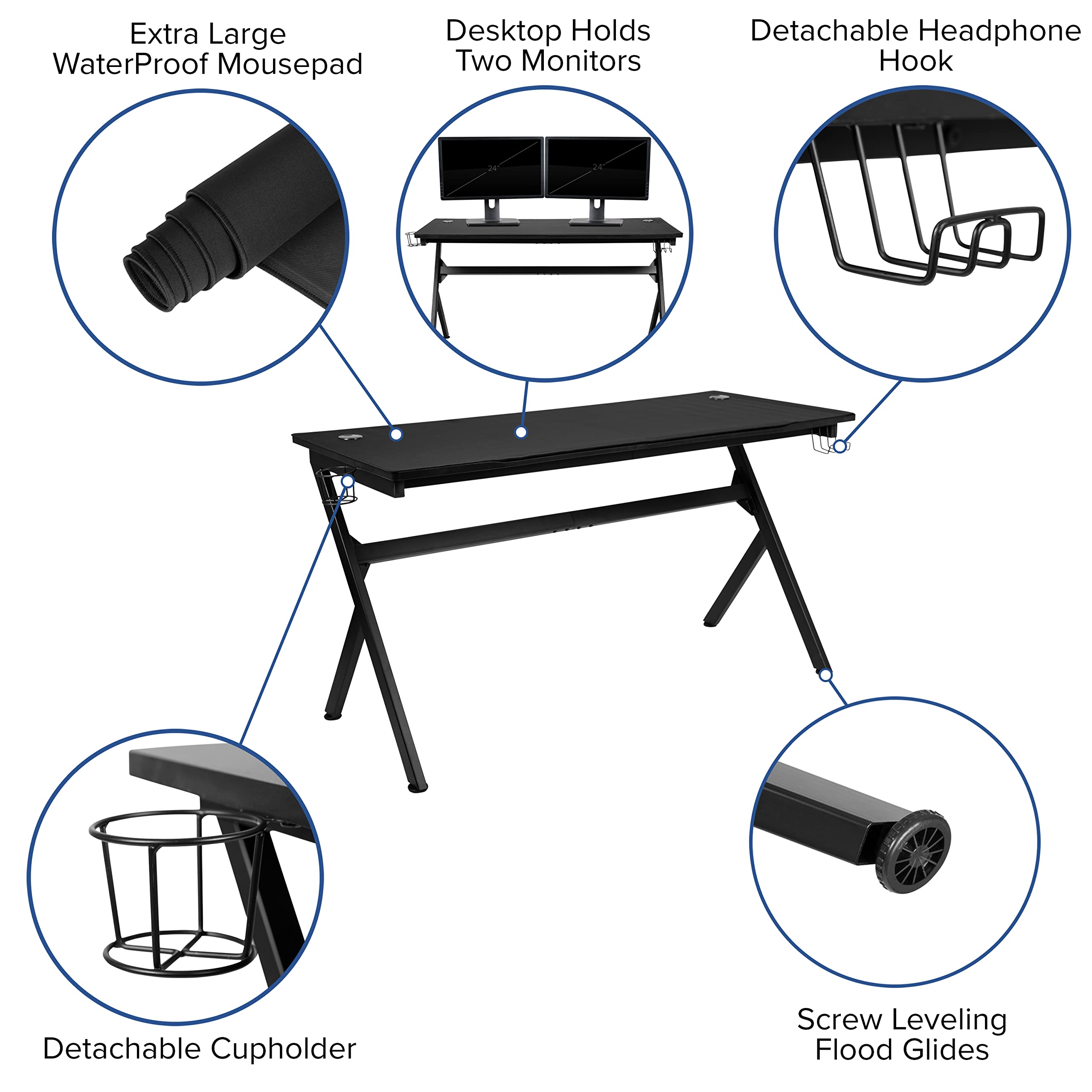 Flash Furniture Optis Gaming Desk with Cup Holder/Headphone Hook/Removable Mousepad Top & Black Reclining Back/Arms Gaming Chair with Footrest