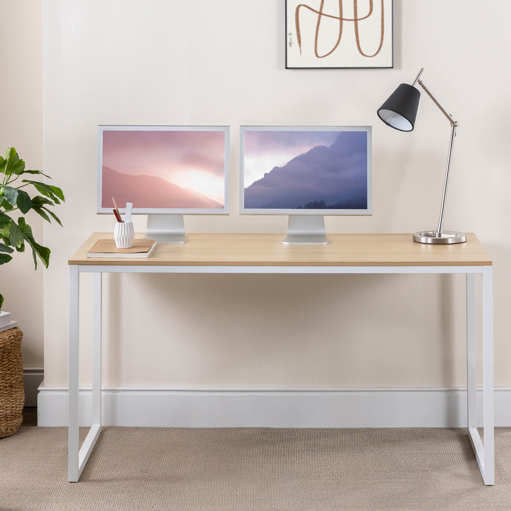 Zinus Jennifer 55 Inch White Frame Desk Computer Workstation Natural Steel