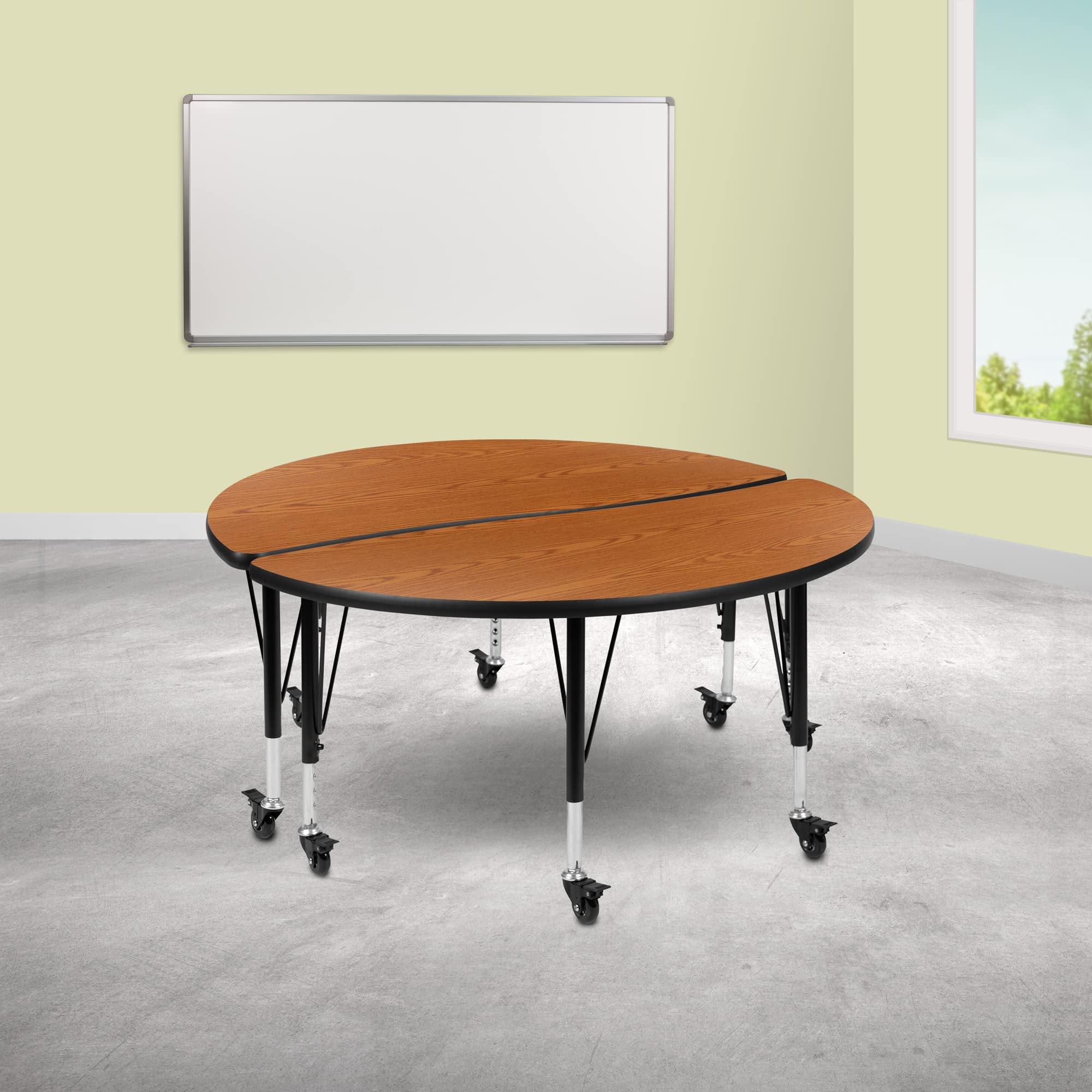 Flash Furniture Emmy 2 Piece Mobile 47.5" Circle Wave Flexible Oak Thermal Laminate Kids Adjustable Activity Table Set