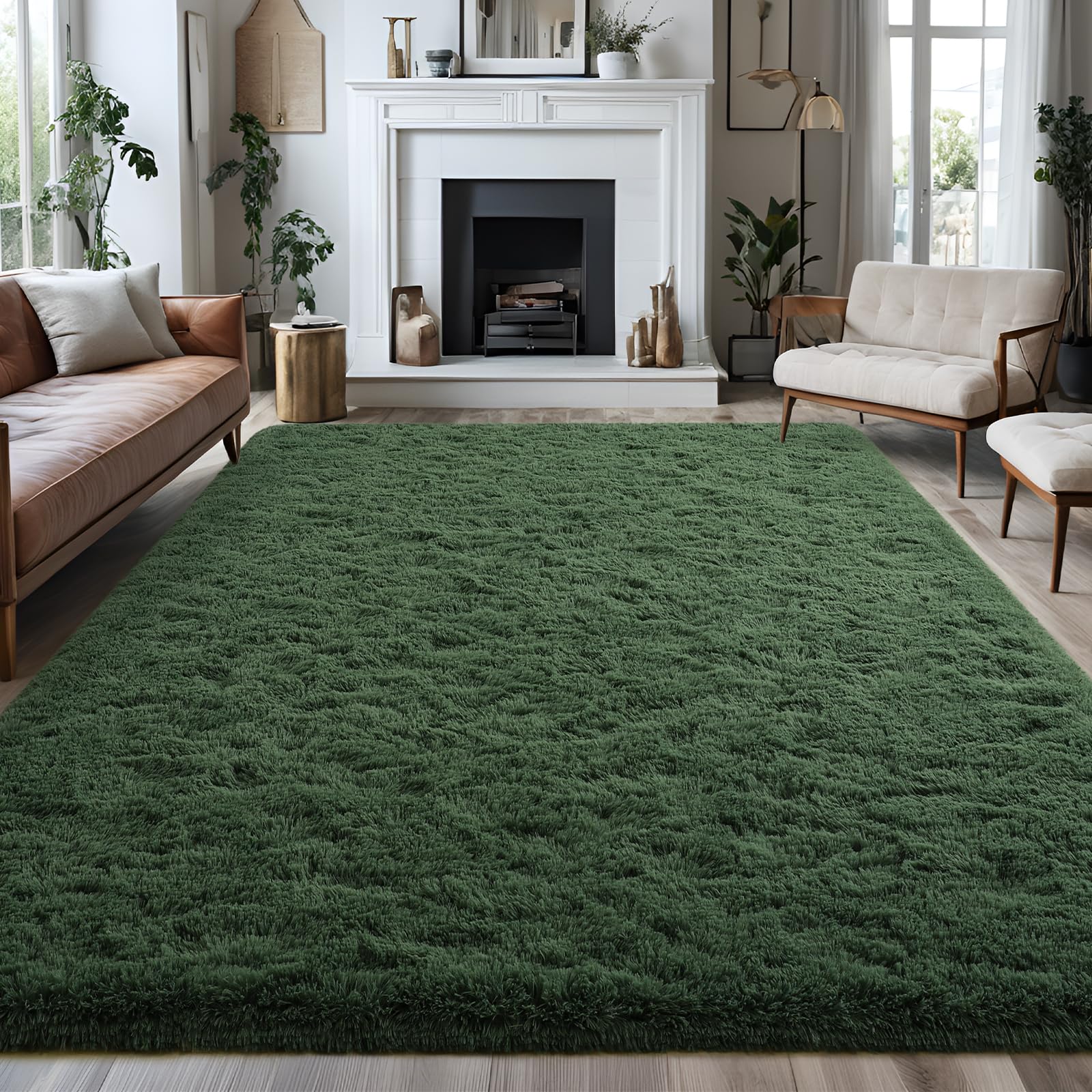 FALARK Super Soft Area Rugs for Bedroom Living Room, 4x6 ft Dark Green Fluffy Rug Carpets for Girls Kids Room, Shaggy Fuzzy Indo