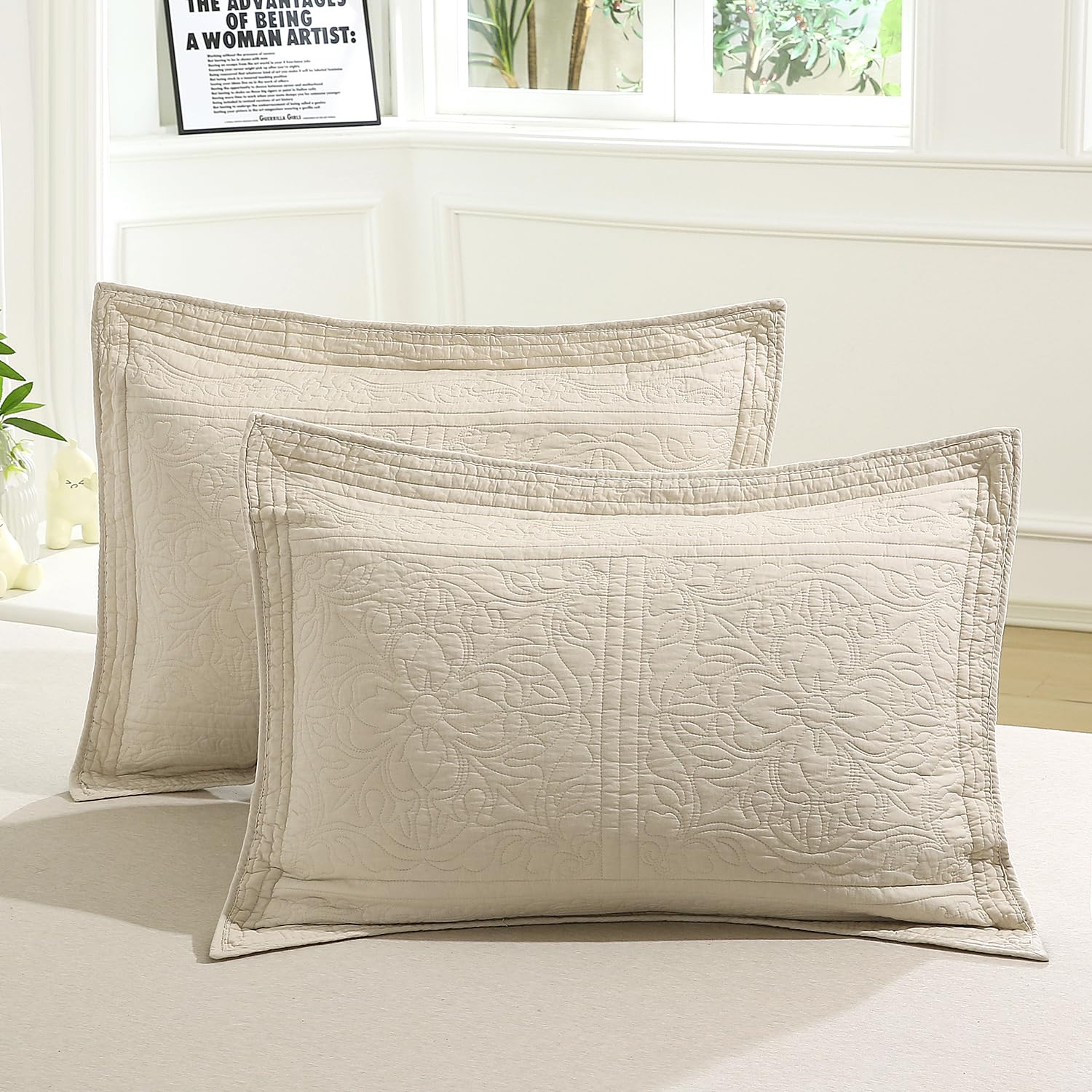 Winlife 100% Cotton Quilted Pillow Sham Floral Printed Pillow Cover (King, Beige)