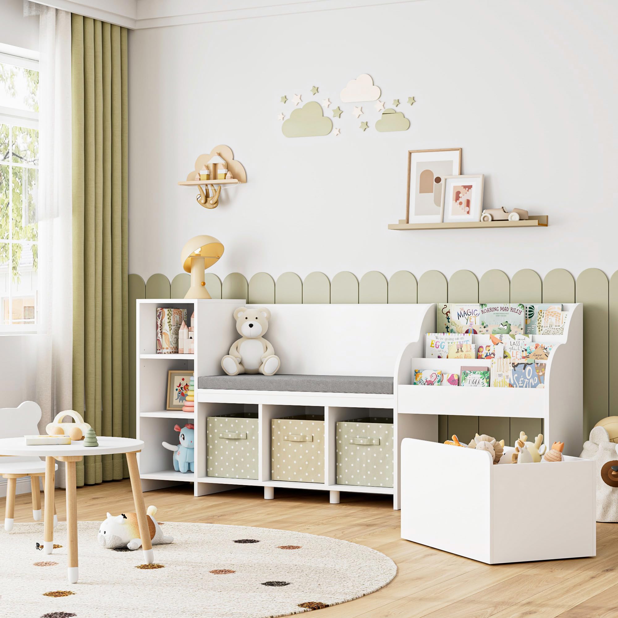 Hostack 67' Kids Reading Nook With Bench, Kids Bookshelf And Bookcase With Seat Cushion And 6 Storage Cubbies, Toy Storage Box On Wheels, Toy Chest For Playroom, Bedroom, School, White