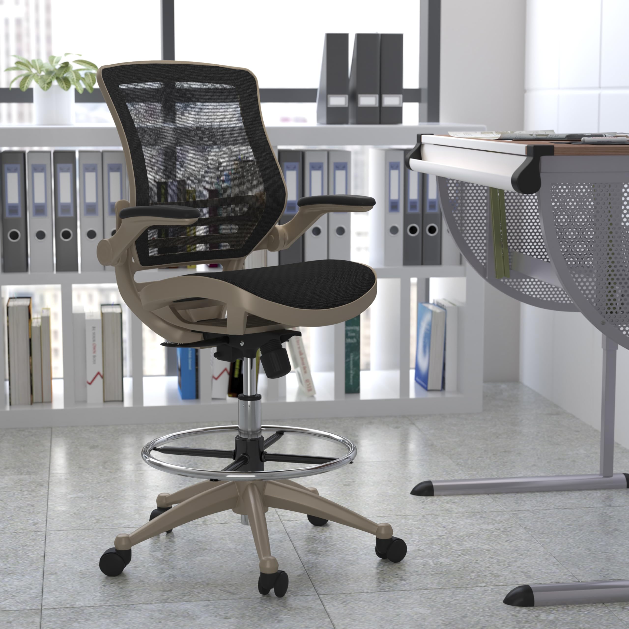 Flash Furniture Waylon Mid-Back Swivel Office Chair With Adjustable Foot Ring And Seat Height, Ergonomic Mesh Chair With Armrests, Black/Gold