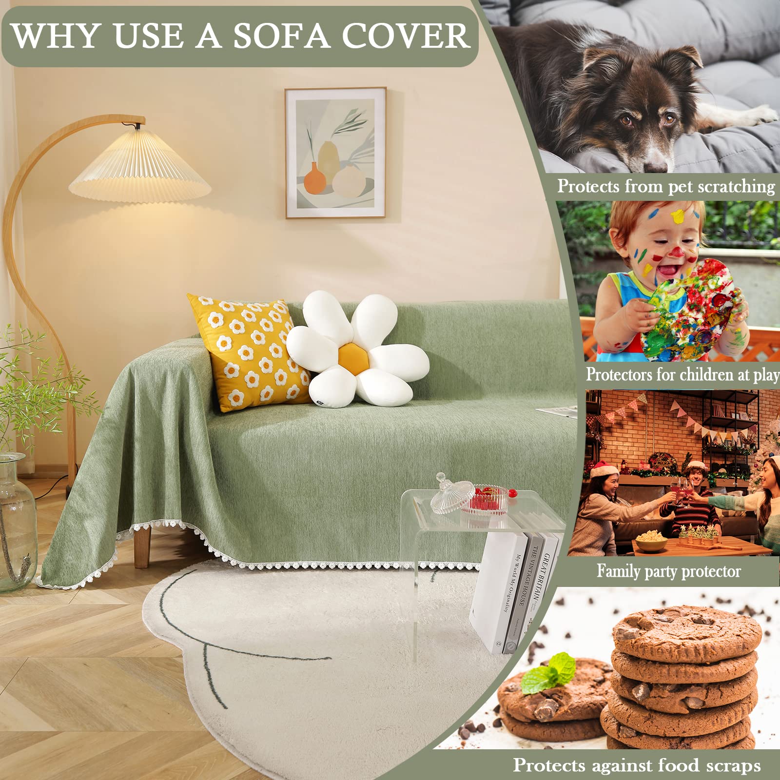 Handontime Couch Cover, Sofa Covers, Sage Couch Cushion Cover Dog Furniture Protector For Living Room Chenille Couch Throw Cover Soft Thick Machine Washable Throw Blankets Sofa Slipcovers, 71' X150'