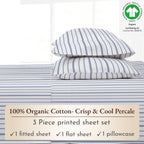 California Design Den Blue Stripe Twin Sheet Set, 100% Organic Cotton Percale Sheets, Deep Pocket Twin Sheets & Pillowcase Set - Blue Stripe
