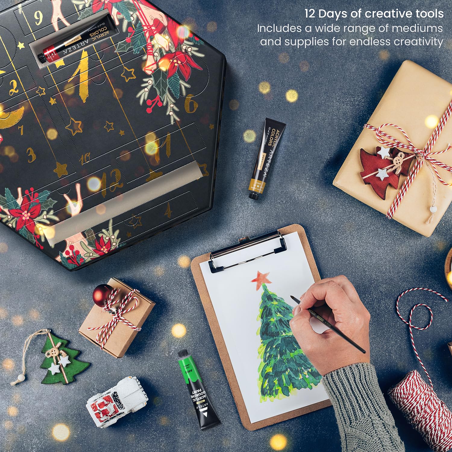 ARTEZA Advent Calendar 2023 - Fine Art Supplies, 12 Days, Multicolor, Includes Acrylic, Gouache, Watercolor, Markers, Brushes, Canvas
