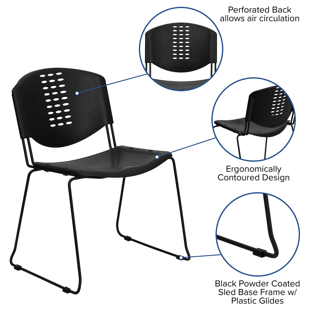Flash Furniture HERCULES Series 400 lb. Capacity Black Plastic Stack Chair with Black Frame