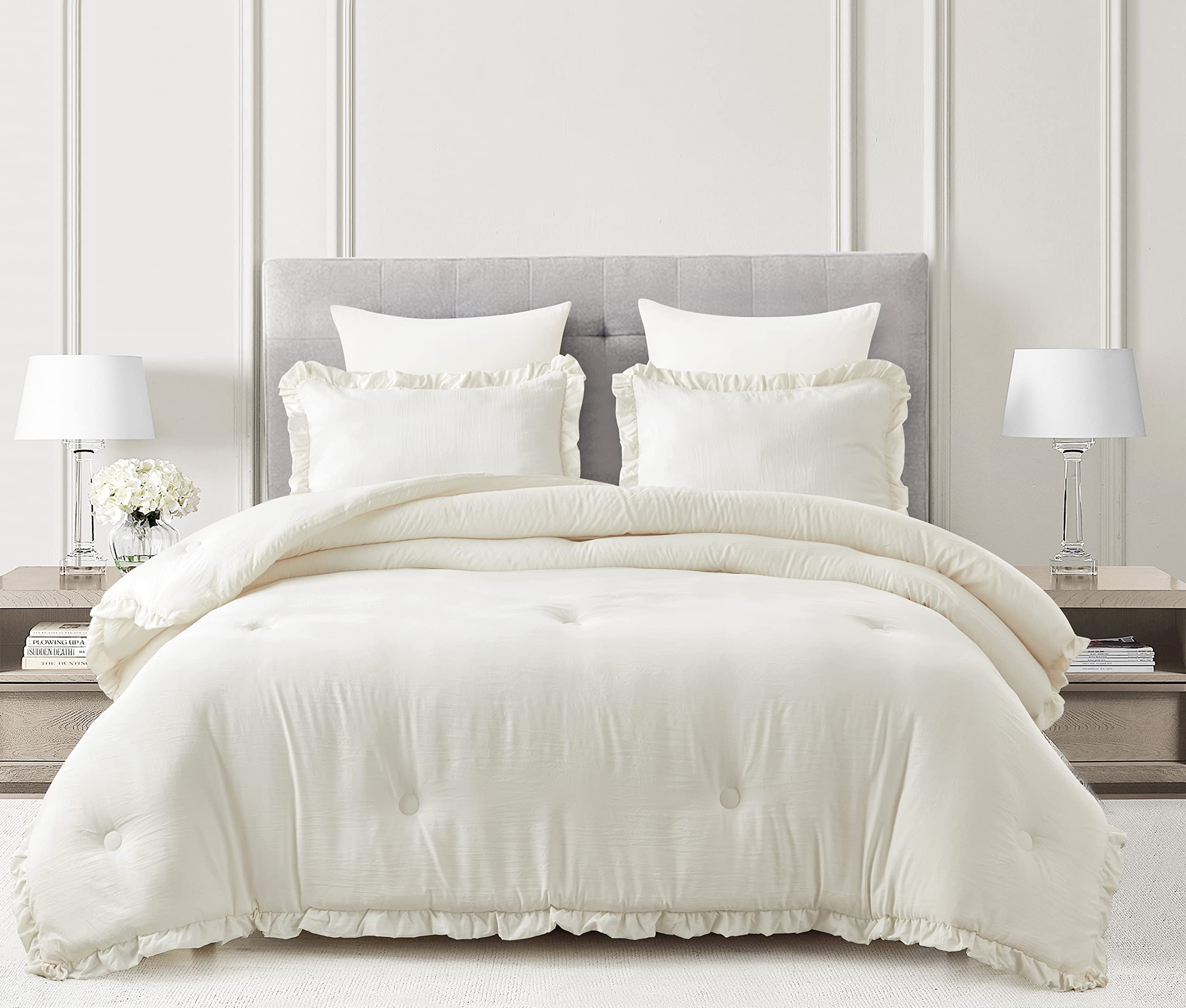 Chezmoi Collection Nora 3-Piece Ruffled Edge Trim Soft Washed Microfiber Comforter Set (Oversized Queen, Ivory)