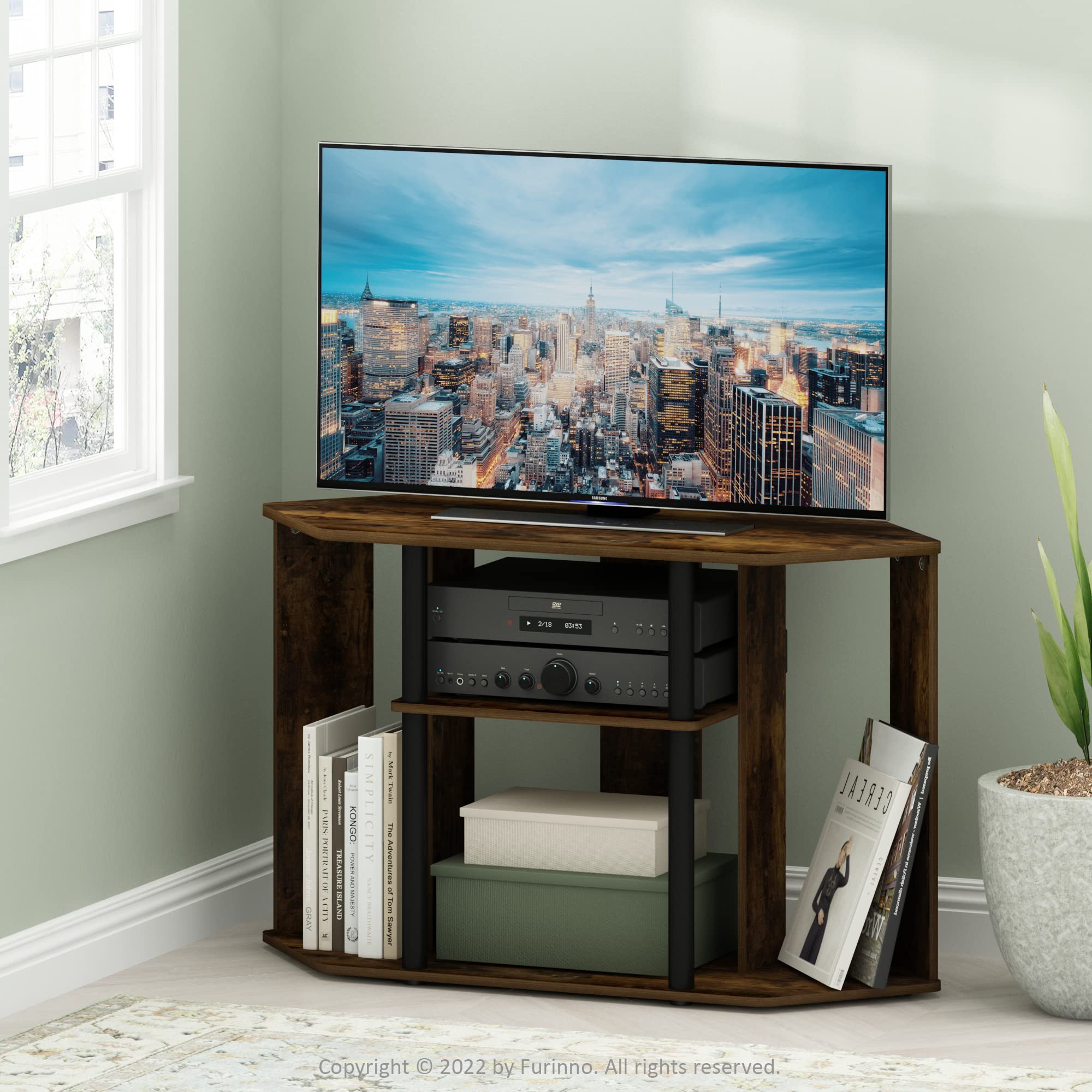 Furinno Classic Stand With Plastic Poles For Tv Up To 43-Inch, Amber Pine/Black