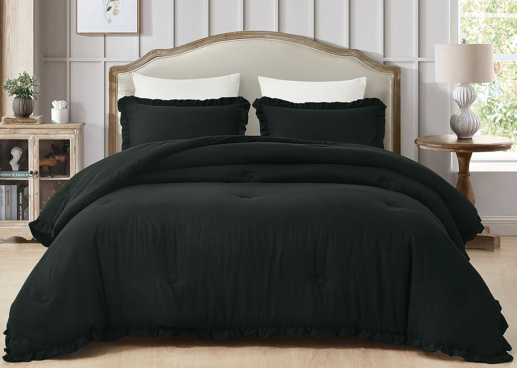 Chezmoi Collection Nora Black Comforter Set Twin Size 2-Piece Lightweight Soft Fluffy Ruffled Edge Trim Stone-Washed Microfiber