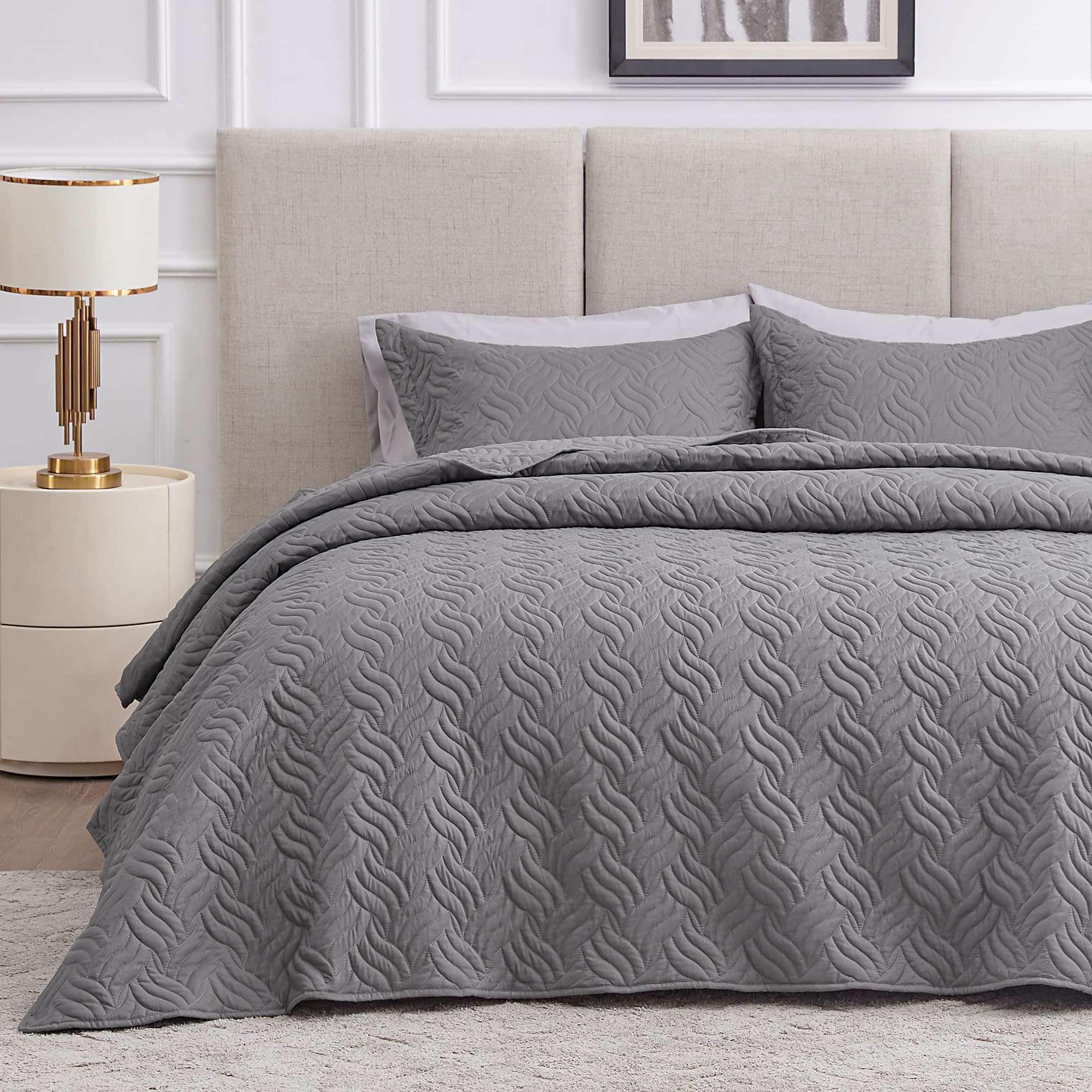 Love's cabin Quilts for Queen Bed Grey Bedspreads Bedding Set - Summer Quilt Lightweight Microfiber Bedspread - Wave Pattern Bed