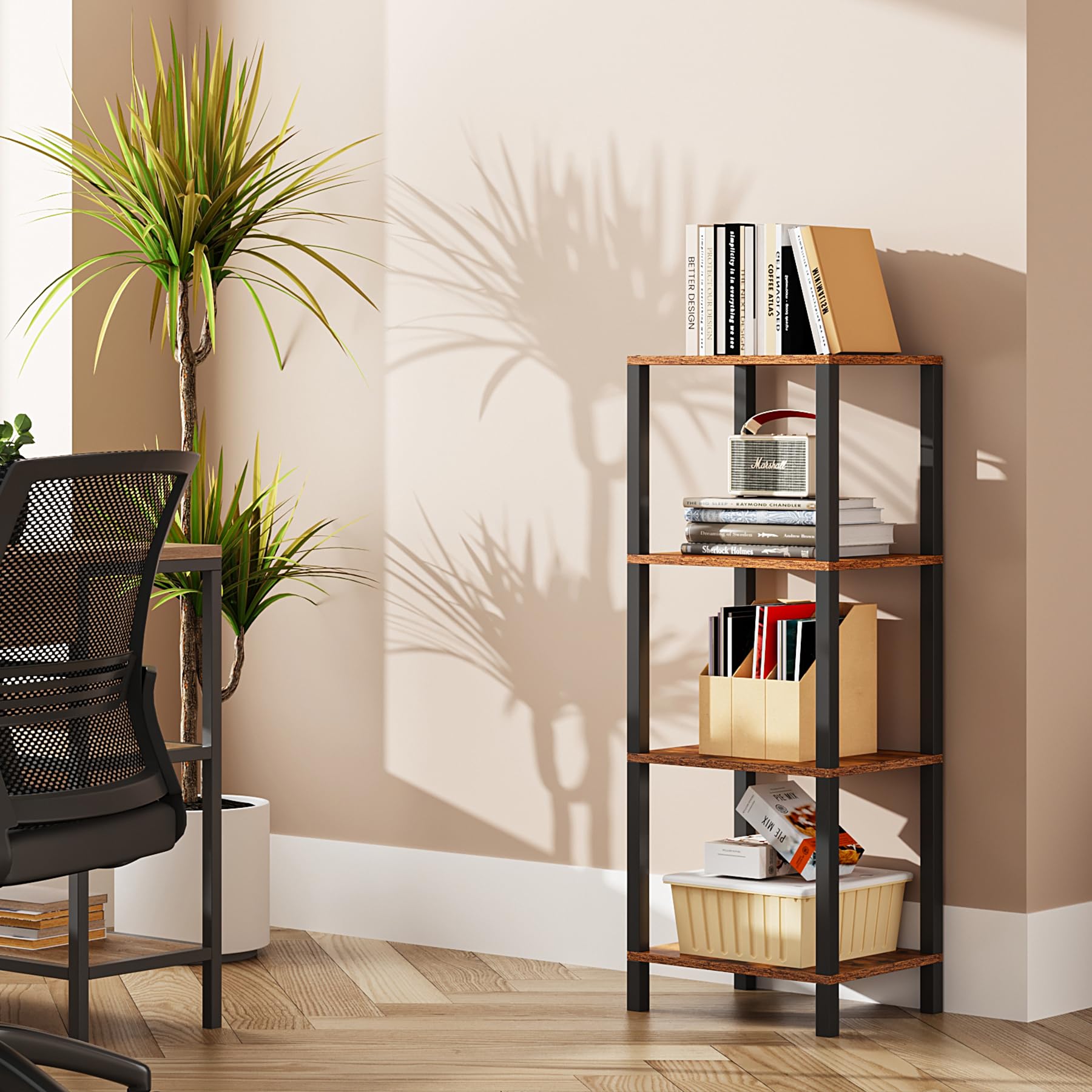Tutotak Bookshelf, 4-Tier Tall Book Shelf, Narrow Bookcase For Small Space, Diy Stackable Bookshelf, For Living Room, Office, Study, Entryway, Industrial, Rustic Brown Bs01Bb004