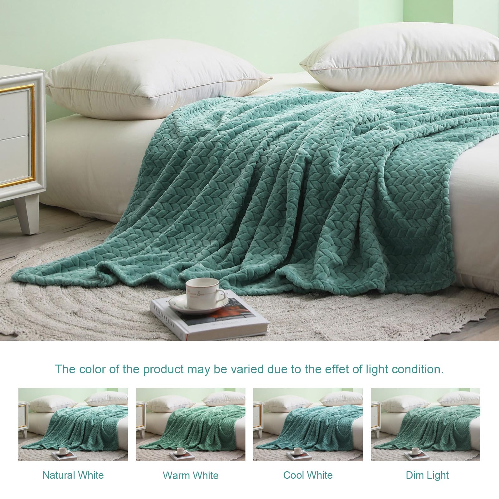 Exclusivo Mezcla Celadon Fleece King Size Blanket For Bed, 90X104 Inches Soft Cozy 3D Decorative Jacquard Flannel Blankets, Ligh
