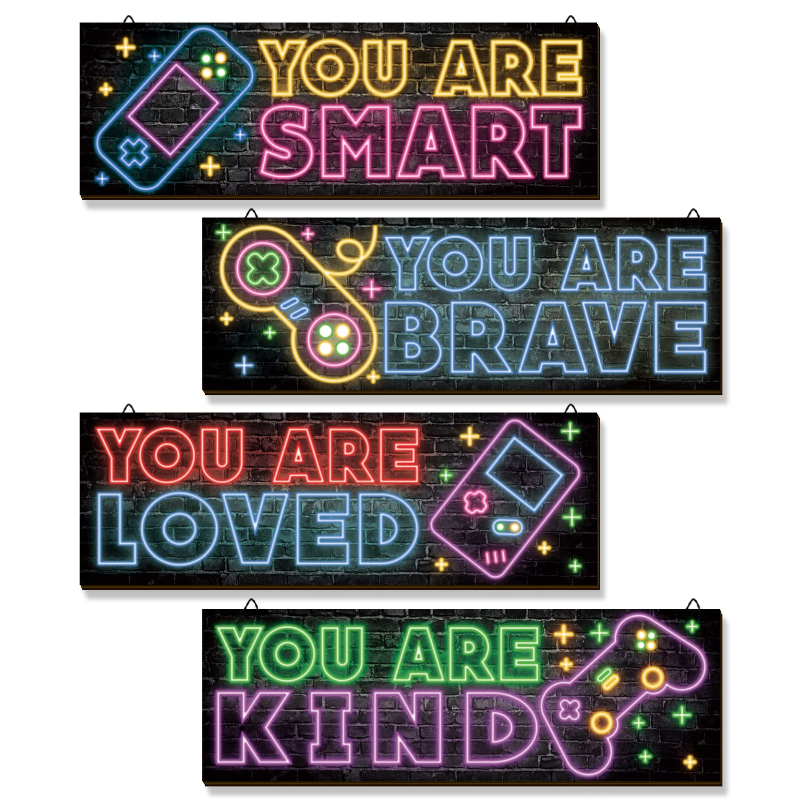 YLOLUL 4 Pieces Neon Gaming Decor for Boys Room Wooden Video Game Wall Art Print 15.7 X 5.1 Inch Motivational Quote Gamer Hangin