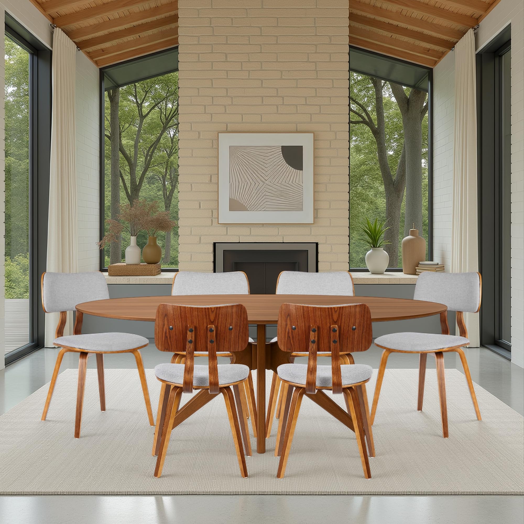 Armen Living Jaguar Mid-Century Dining Chair in Walnut Wood and Gray Fabric - Set of 6