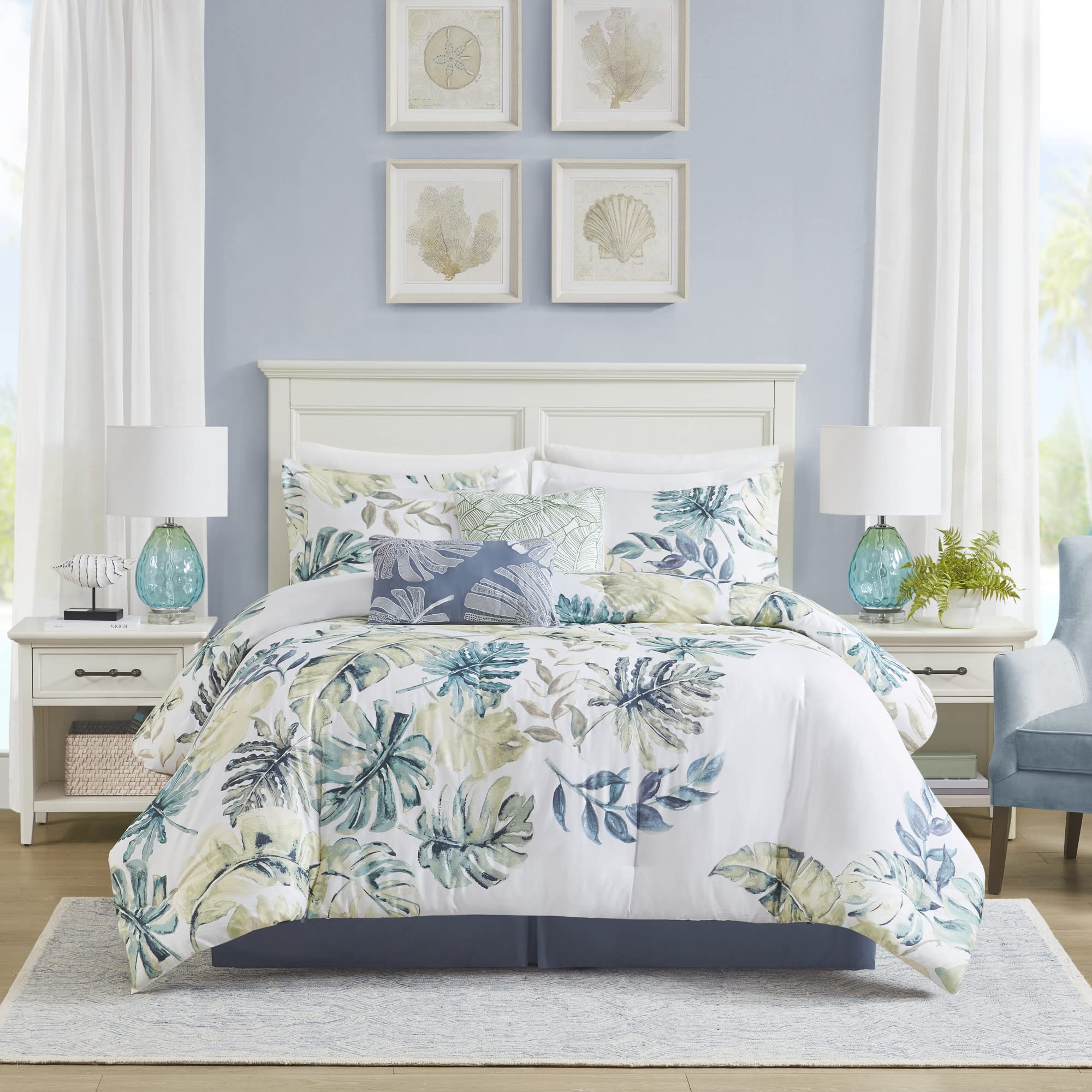 Harbor House Cozy Cotton Comforter Set - Coastal, All Season Down Alternative Casual Bedding With Matching Shams, Decorative Pillows, Lorelai, Monstera Leaf Green Cal King(110'X96') 6 Piece